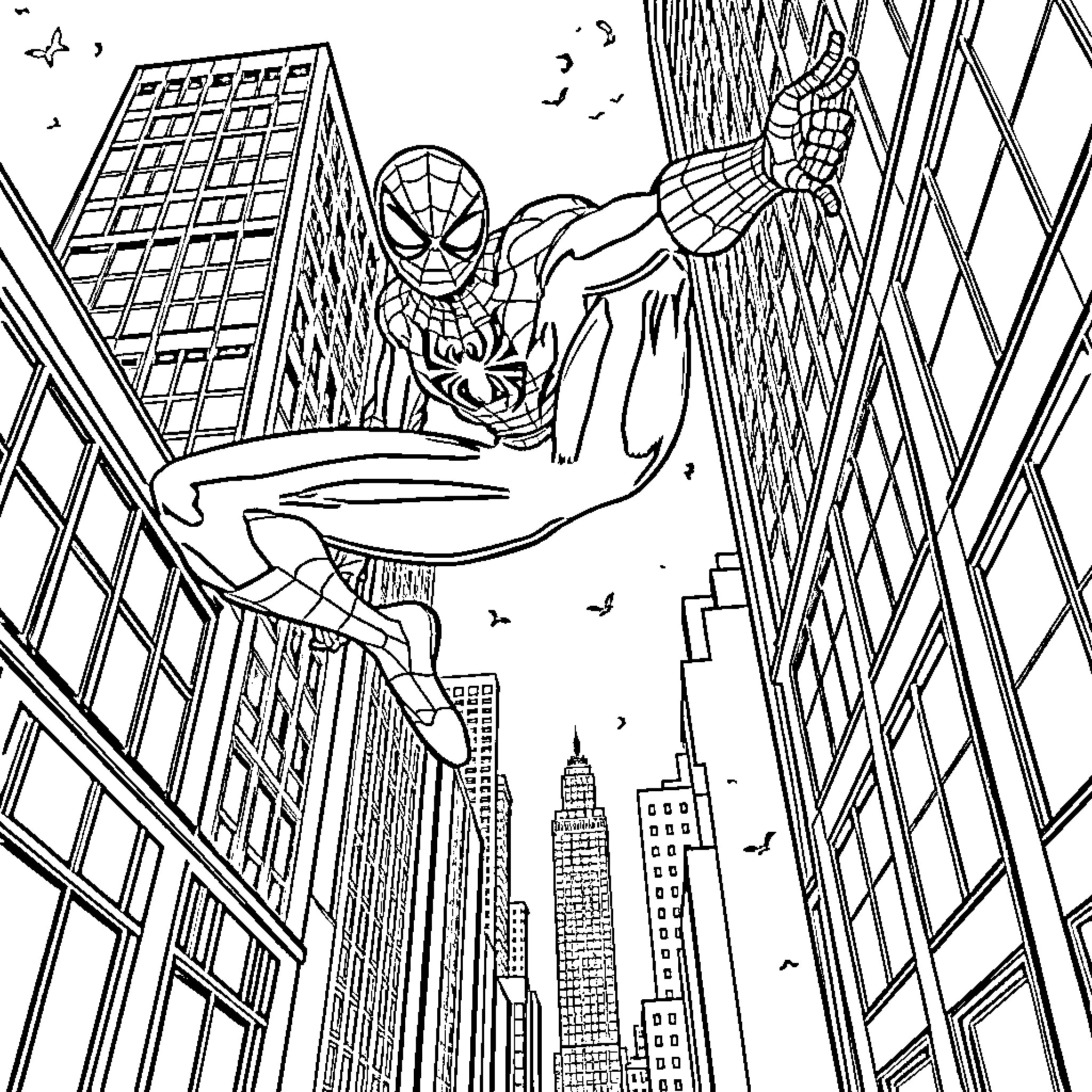 Spider-Man swinging through the city skyline Coloring Page (free black-and-white line drawing printable PDF for all, from beginners to advanced learners, including children, teens, adults, and seniors)