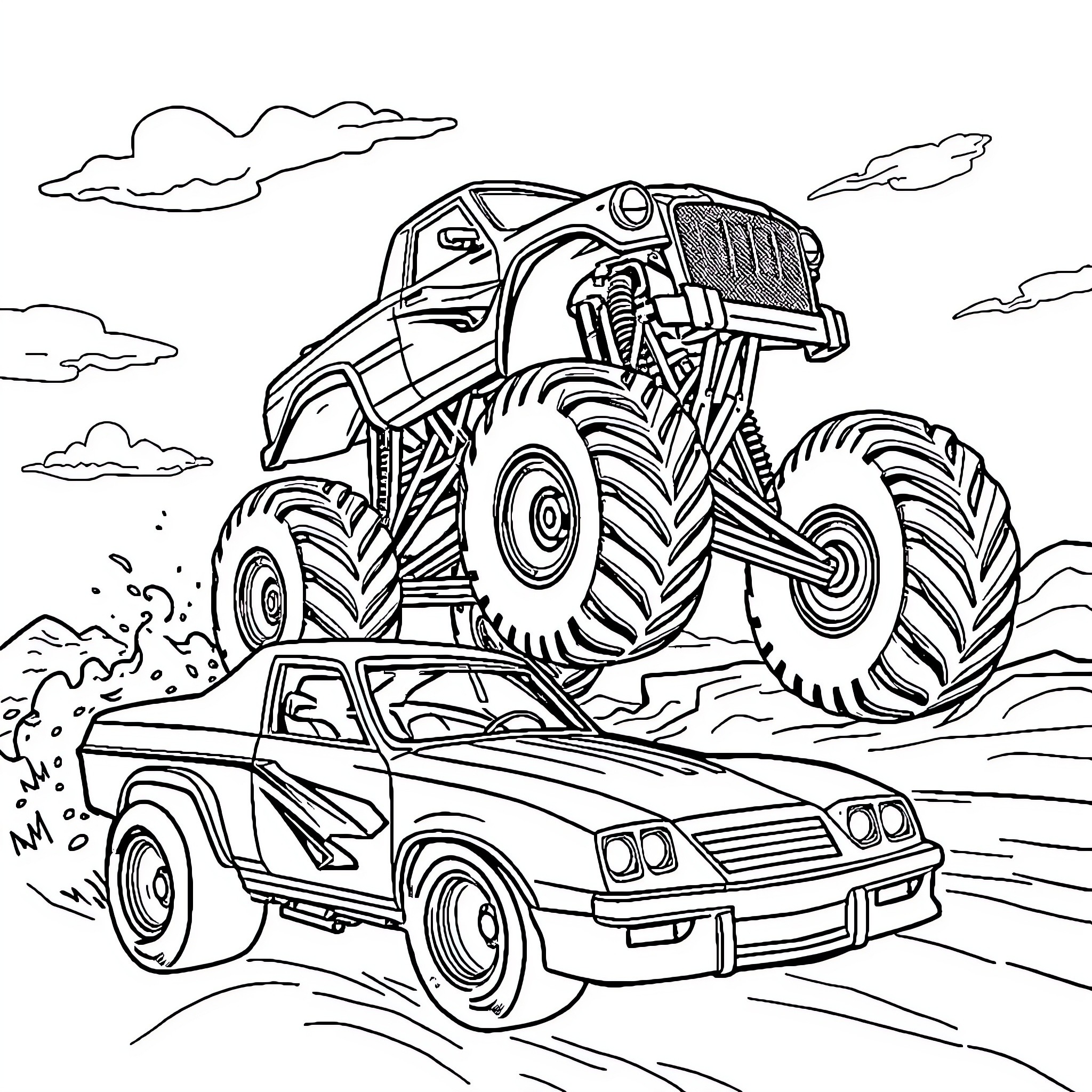 Monster trucks racing through the countryside Coloring Page (free black-and-white line drawing printable PDF for all, from beginners to advanced learners, including children, teens, adults, and seniors)