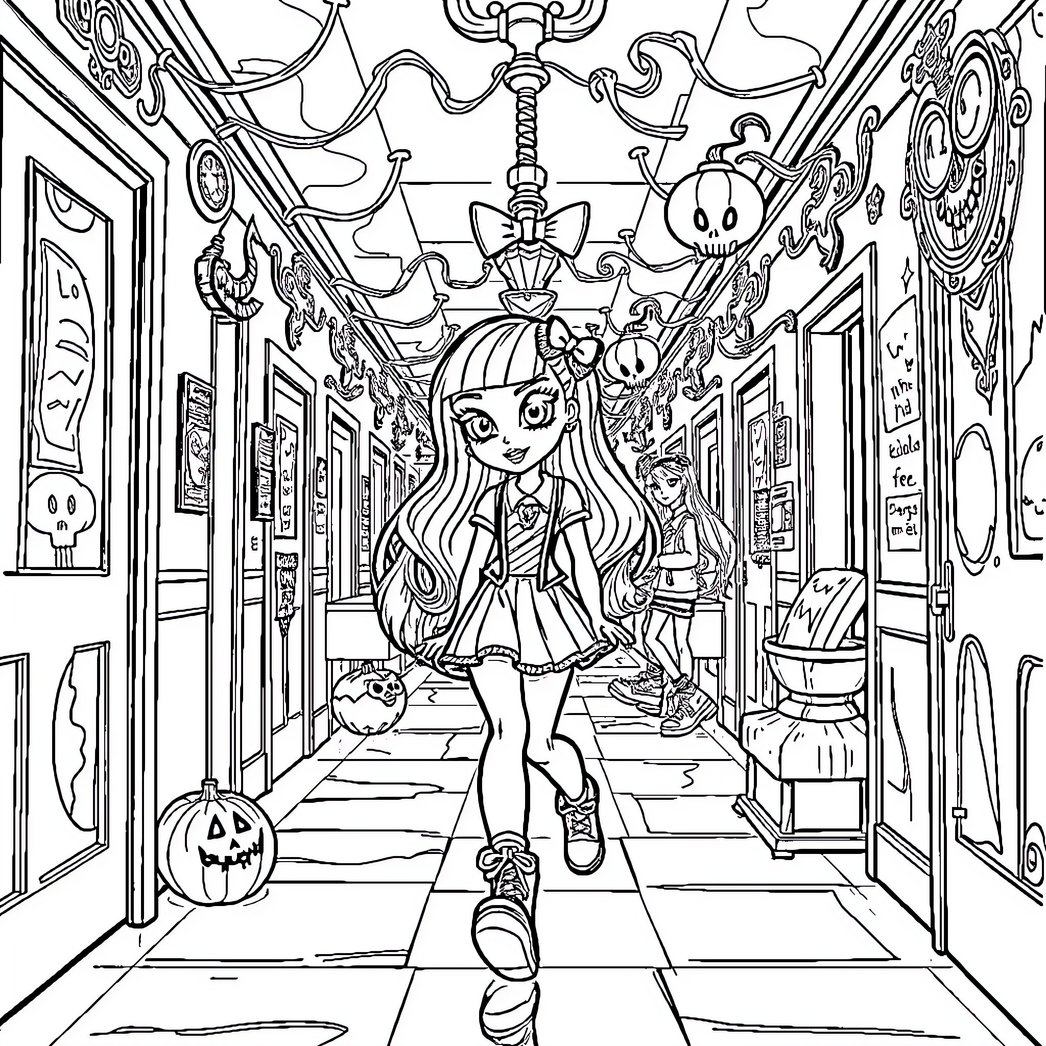 Gabby's Halloween Adventure in a Spooky Hallway Coloring Page (free black-and-white line drawing printable PDF for all, from beginners to advanced learners, including children, teens, adults, and seniors)