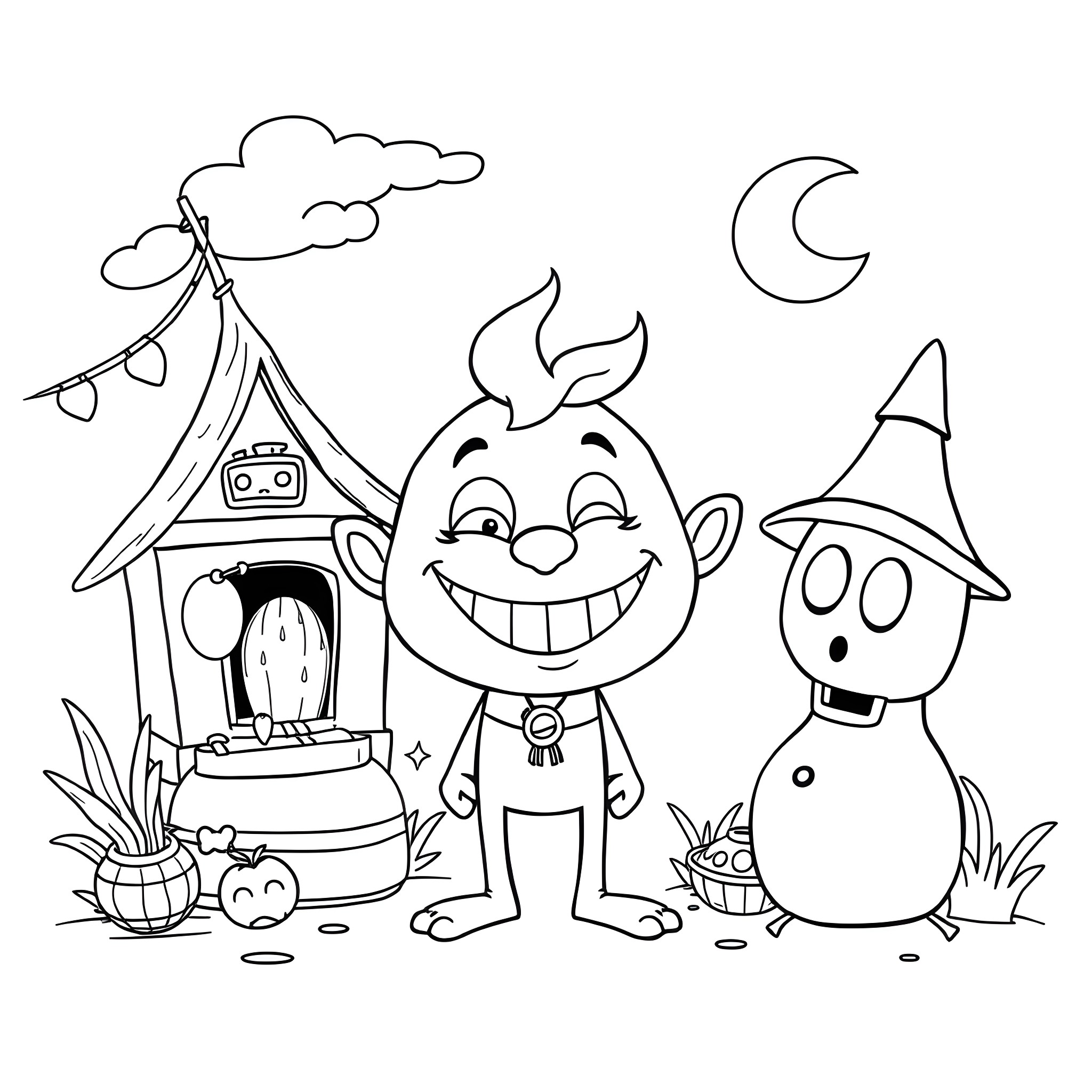 Nuts Happily Celebrating in the Moonlight Coloring Page (free black-and-white line drawing printable PDF for all, from beginners to advanced learners, including children, teens, adults, and seniors)