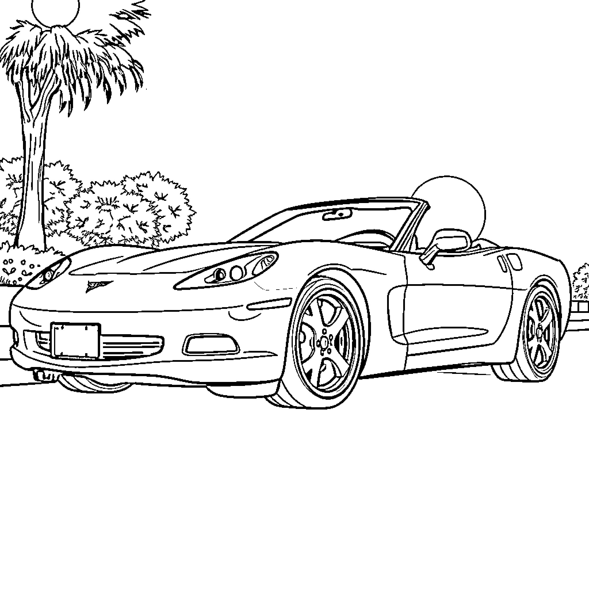 Corvette sports car in tropical outdoor scene Coloring Page (free black-and-white line drawing printable PDF for all, from beginners to advanced learners, including children, teens, adults, and seniors)