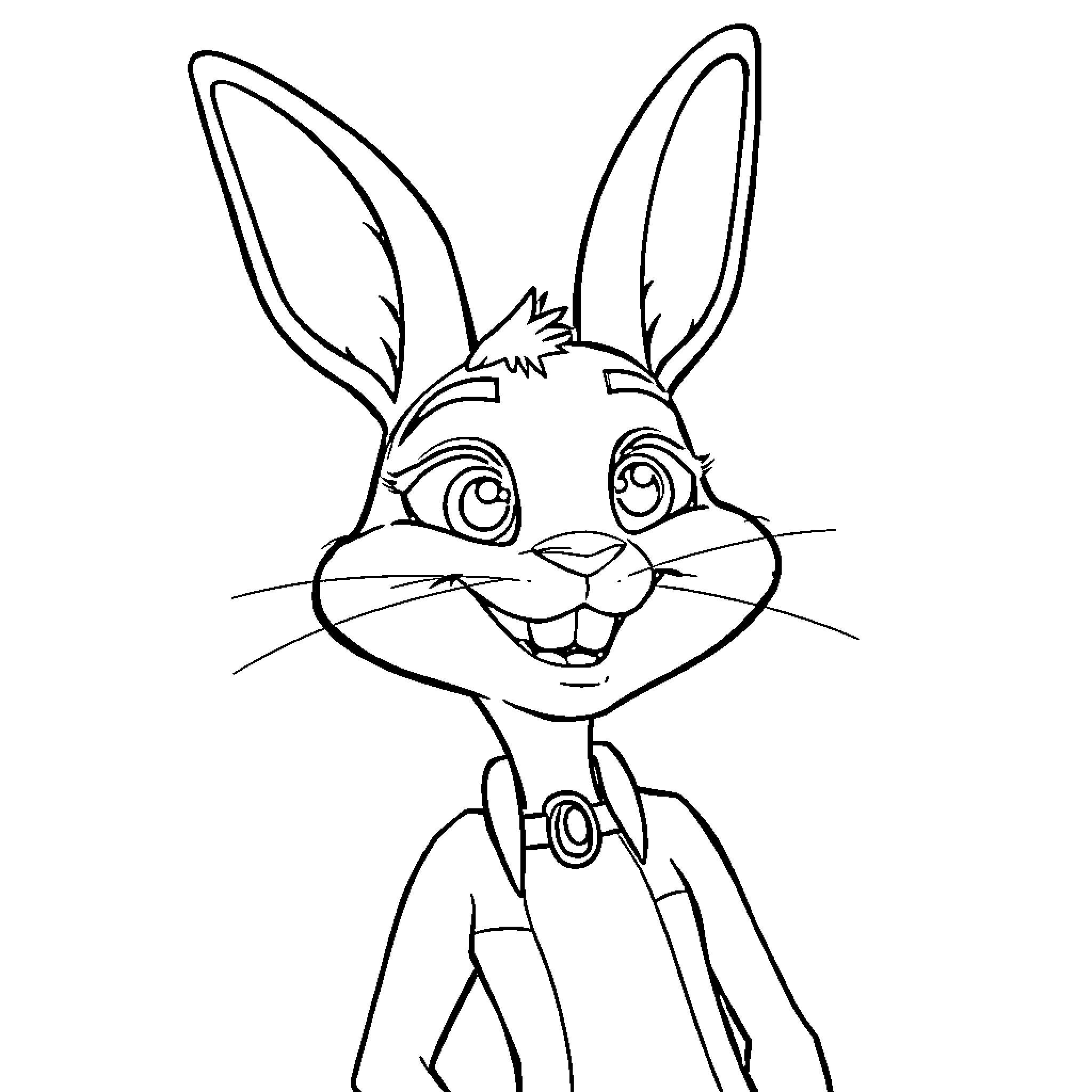 Judy Hopps the happy and expressive bunny character Coloring Page (free black-and-white line drawing printable PDF for all, from beginners to advanced learners, including children, teens, adults, and seniors)
