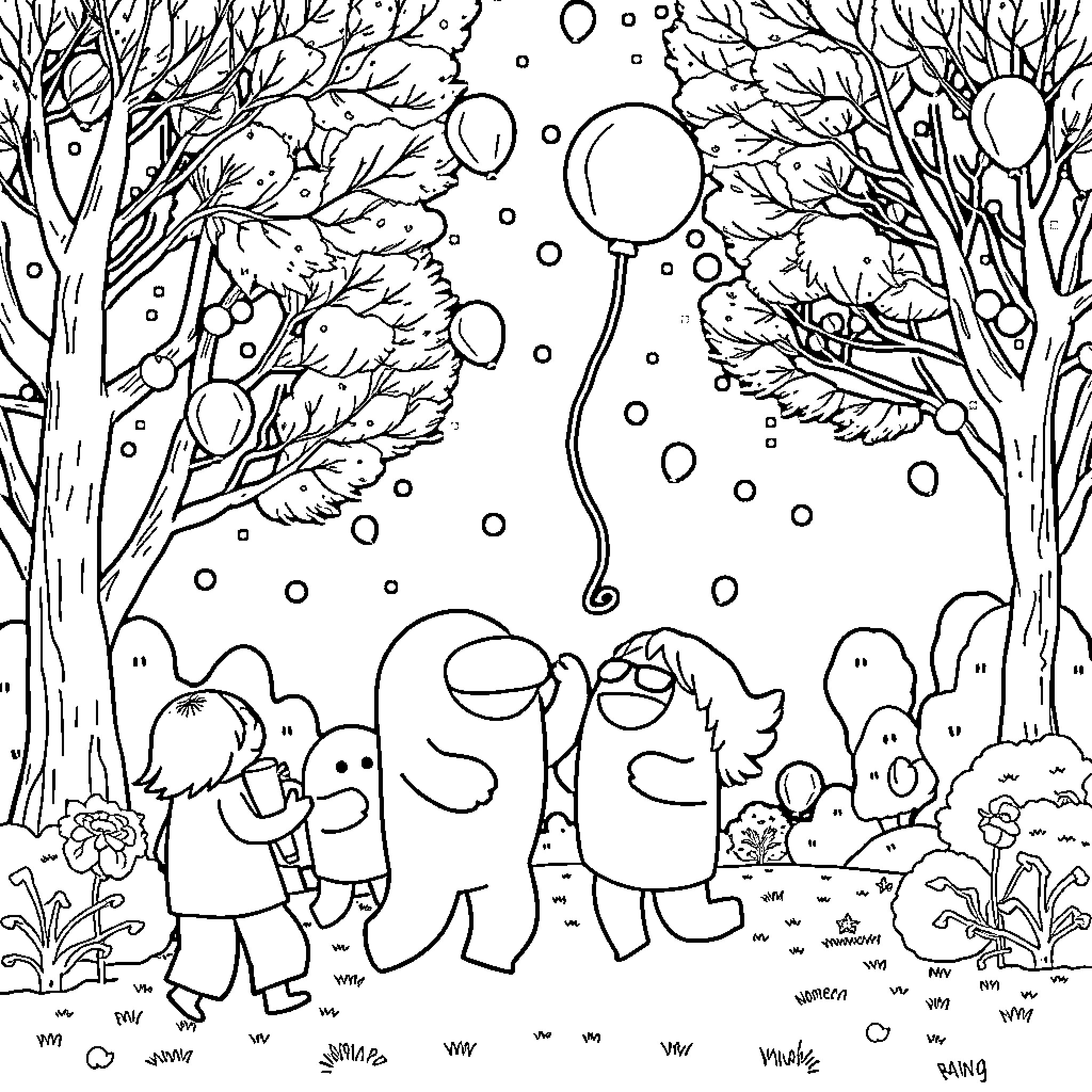Among Us Characters Enjoying Snowy Wonderland Coloring Page (free black-and-white line drawing printable PDF for all, from beginners to advanced learners, including children, teens, adults, and seniors)