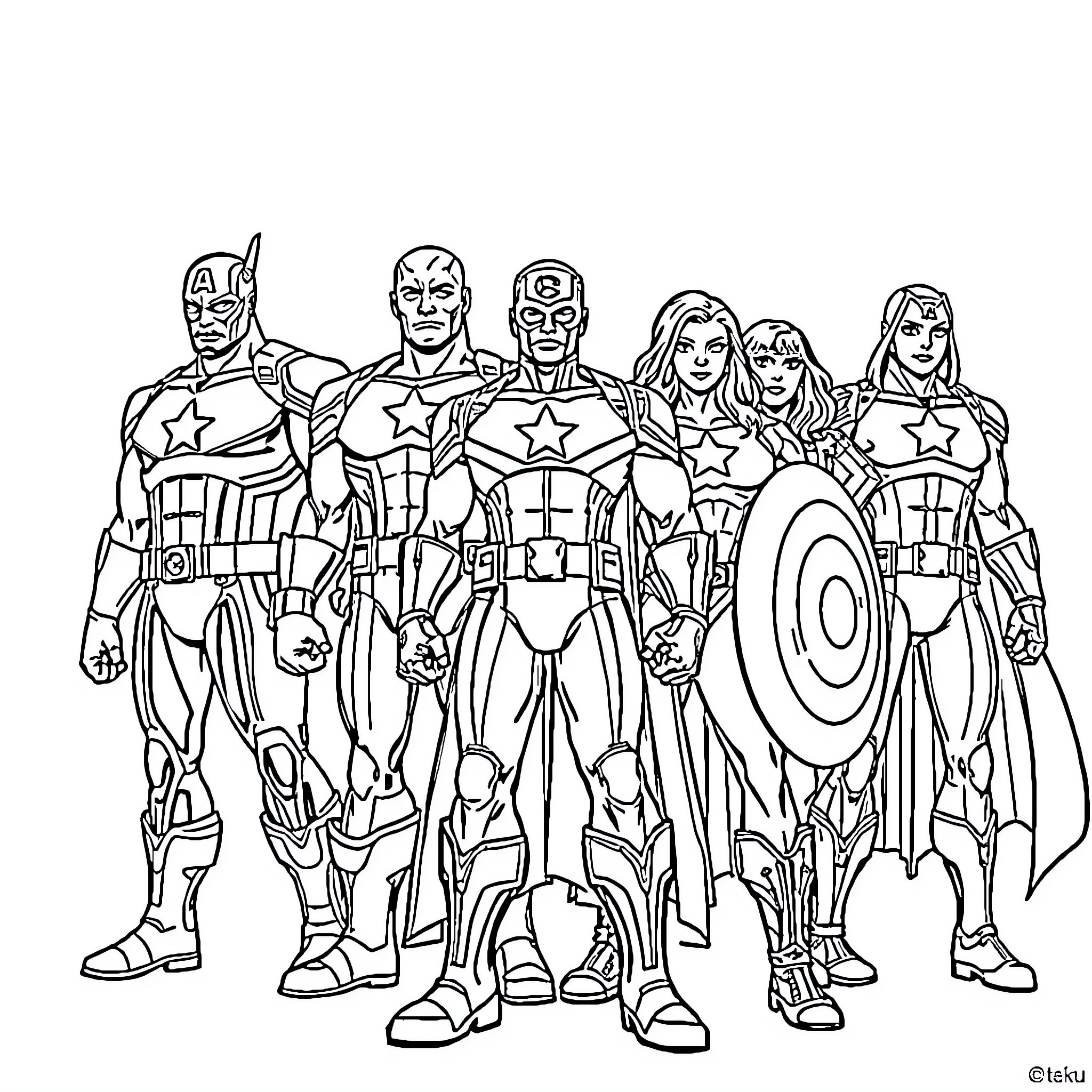 Avenger Superhero Team Assemble for Action Coloring Page (free black-and-white line drawing printable PDF for all, from beginners to advanced learners, including children, teens, adults, and seniors)