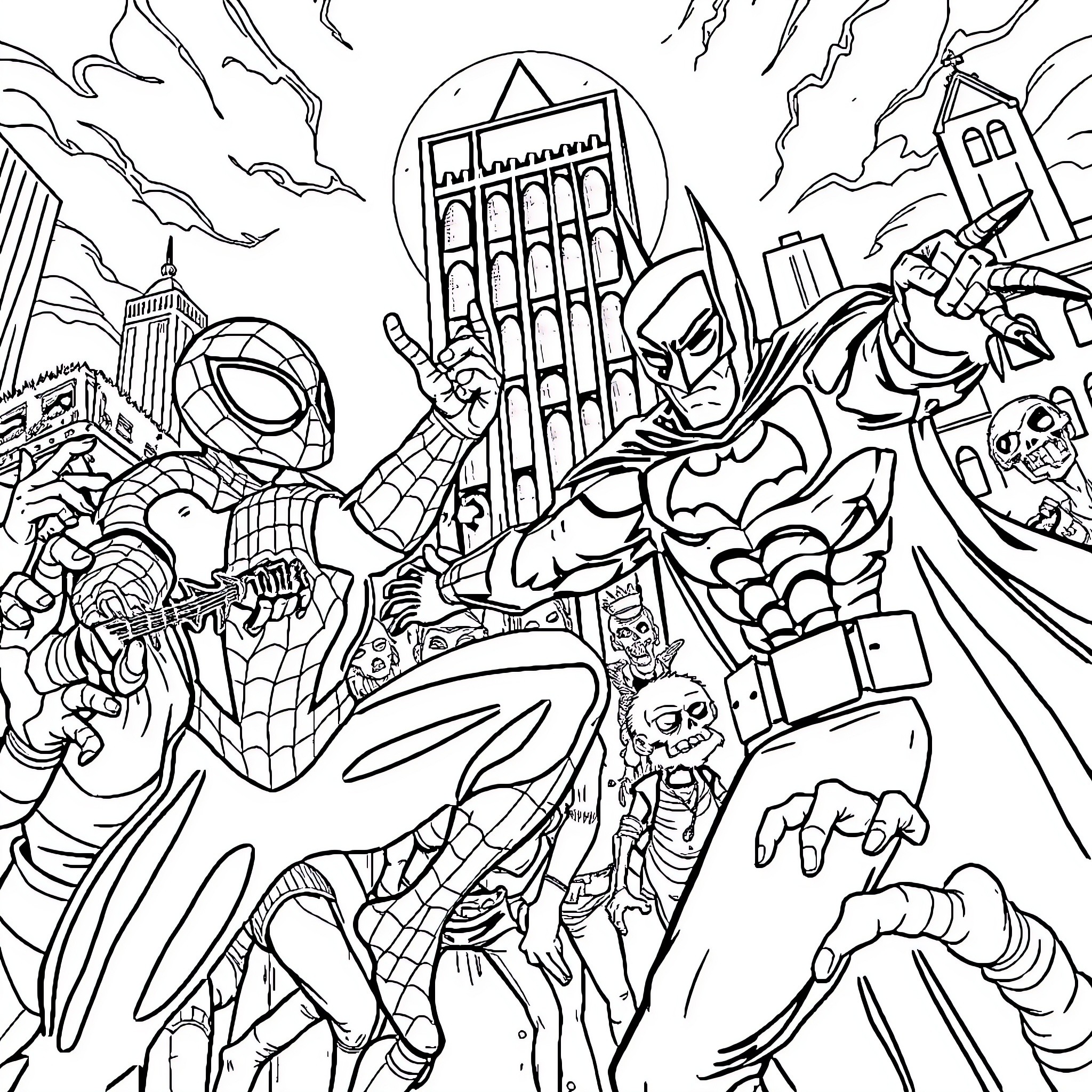 Superhero Showdown in the City Coloring Page (free black-and-white line drawing printable PDF for all, from beginners to advanced learners, including children, teens, adults, and seniors)