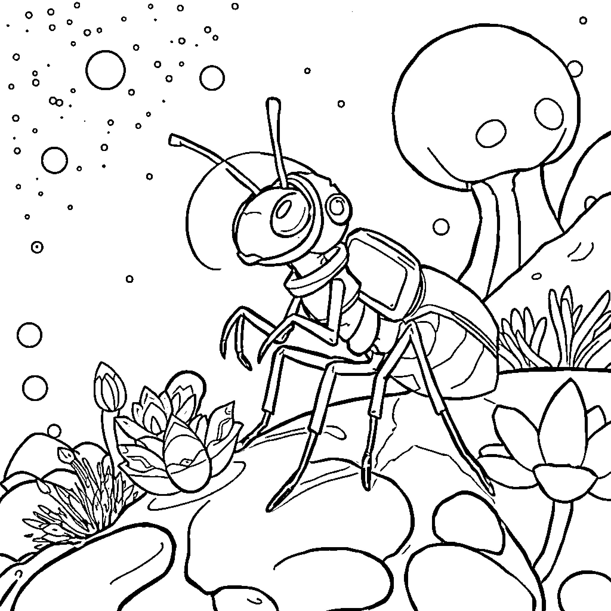 Astroant explores the cosmos Coloring Page (free black-and-white line drawing printable PDF for all, from beginners to advanced learners, including children, teens, adults, and seniors)