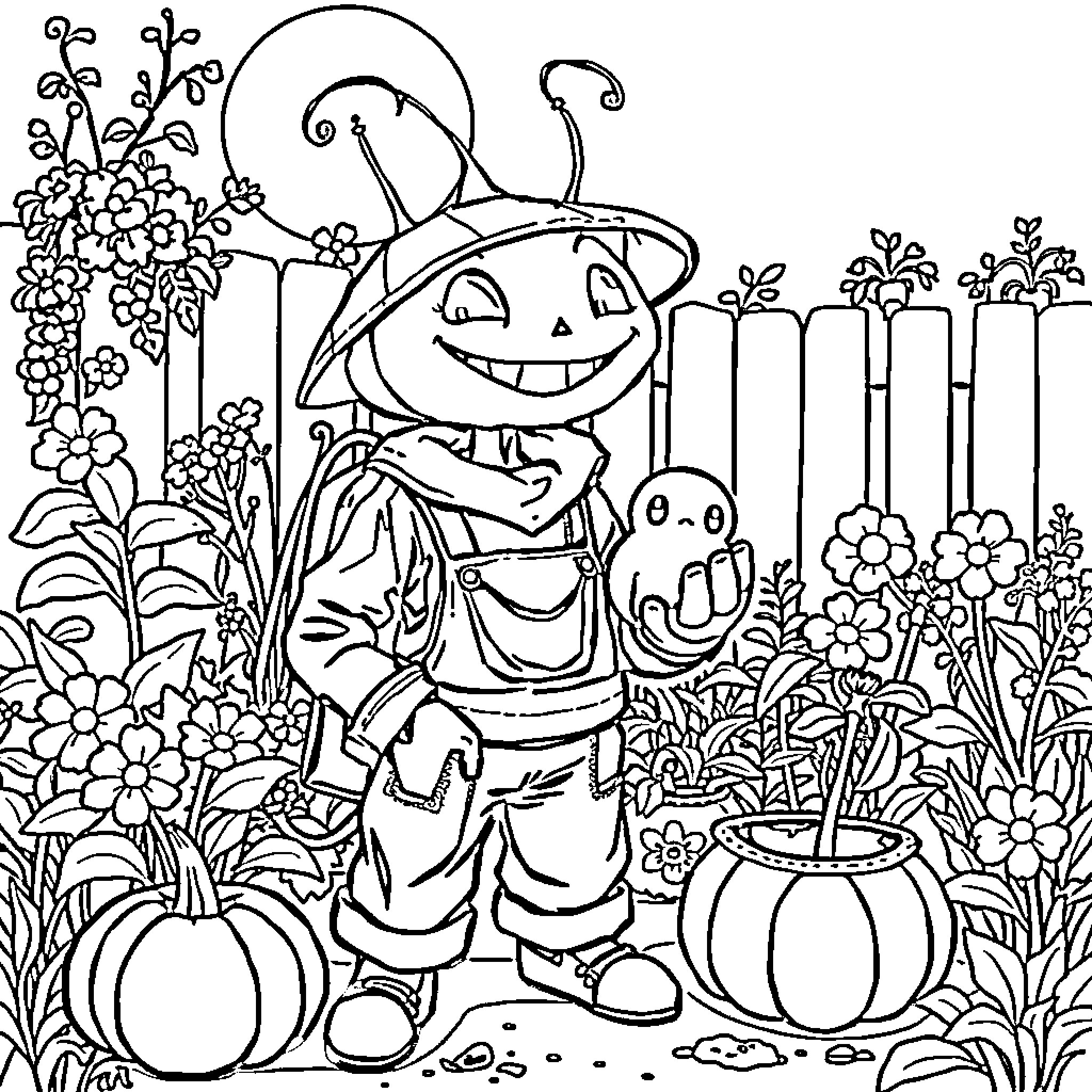 Gardener tending to a vibrant garden with pumpkins Coloring Page (free black-and-white line drawing printable PDF for all, from beginners to advanced learners, including children, teens, adults, and seniors)