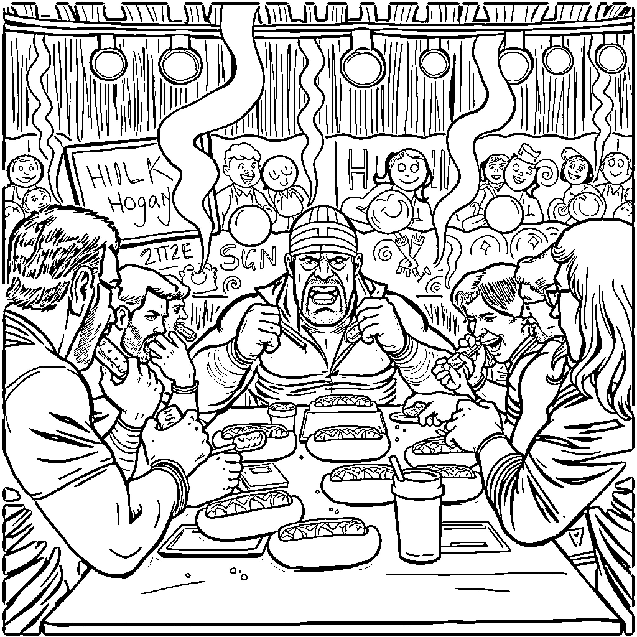 Hulk Hogan celebrating with fans and enjoying food Coloring Page (free black-and-white line drawing printable PDF for all, from beginners to advanced learners, including children, teens, adults, and seniors)