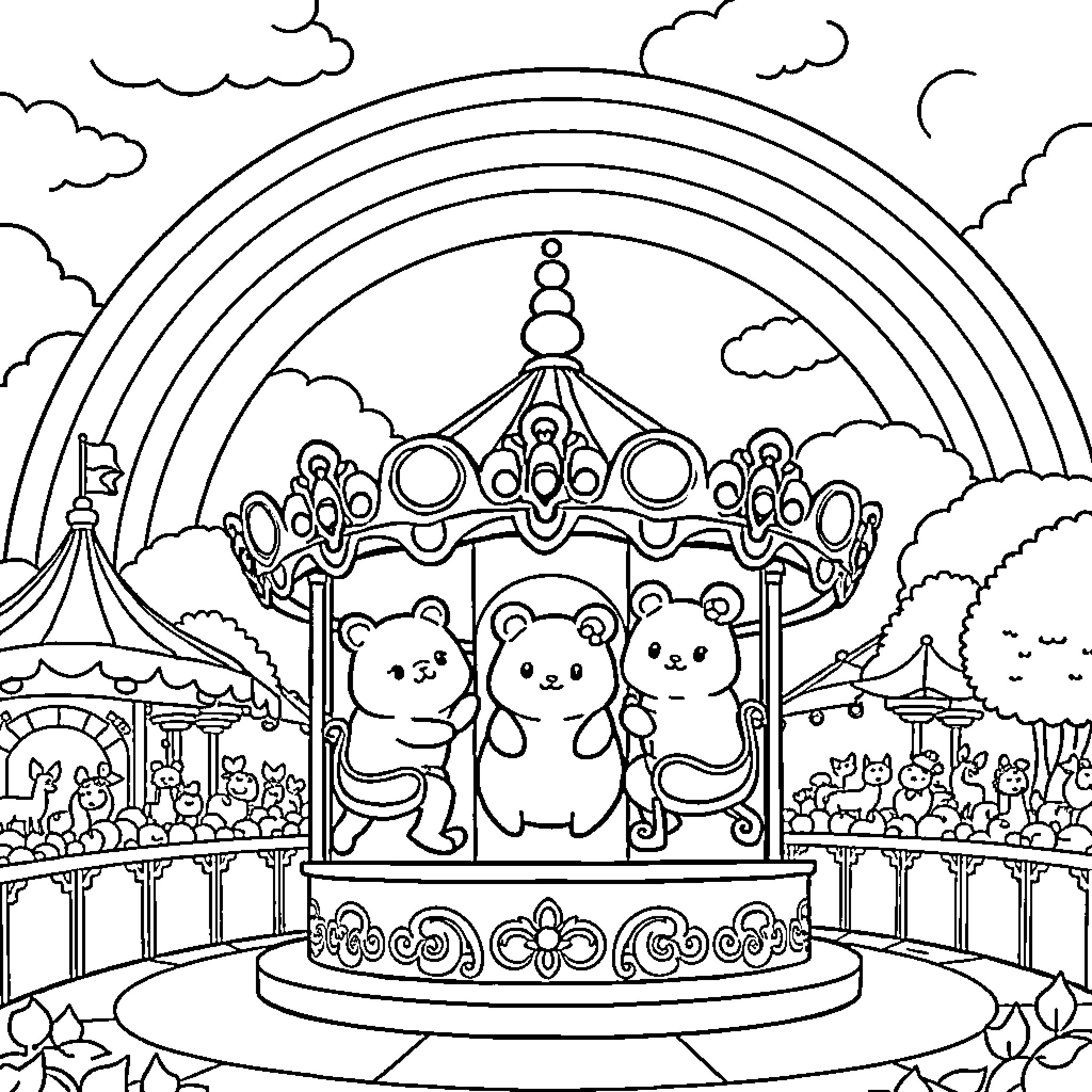 Squishmallow characters on a whimsical carousel ride Coloring Page (free black-and-white line drawing printable PDF for all, from beginners to advanced learners, including children, teens, adults, and seniors)