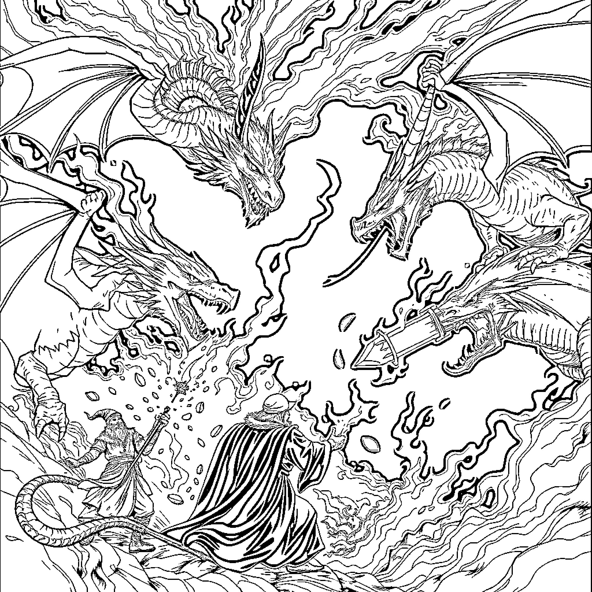 Dragon battle of epic proportions Coloring Page (free black-and-white line drawing printable PDF for all, from beginners to advanced learners, including children, teens, adults, and seniors)