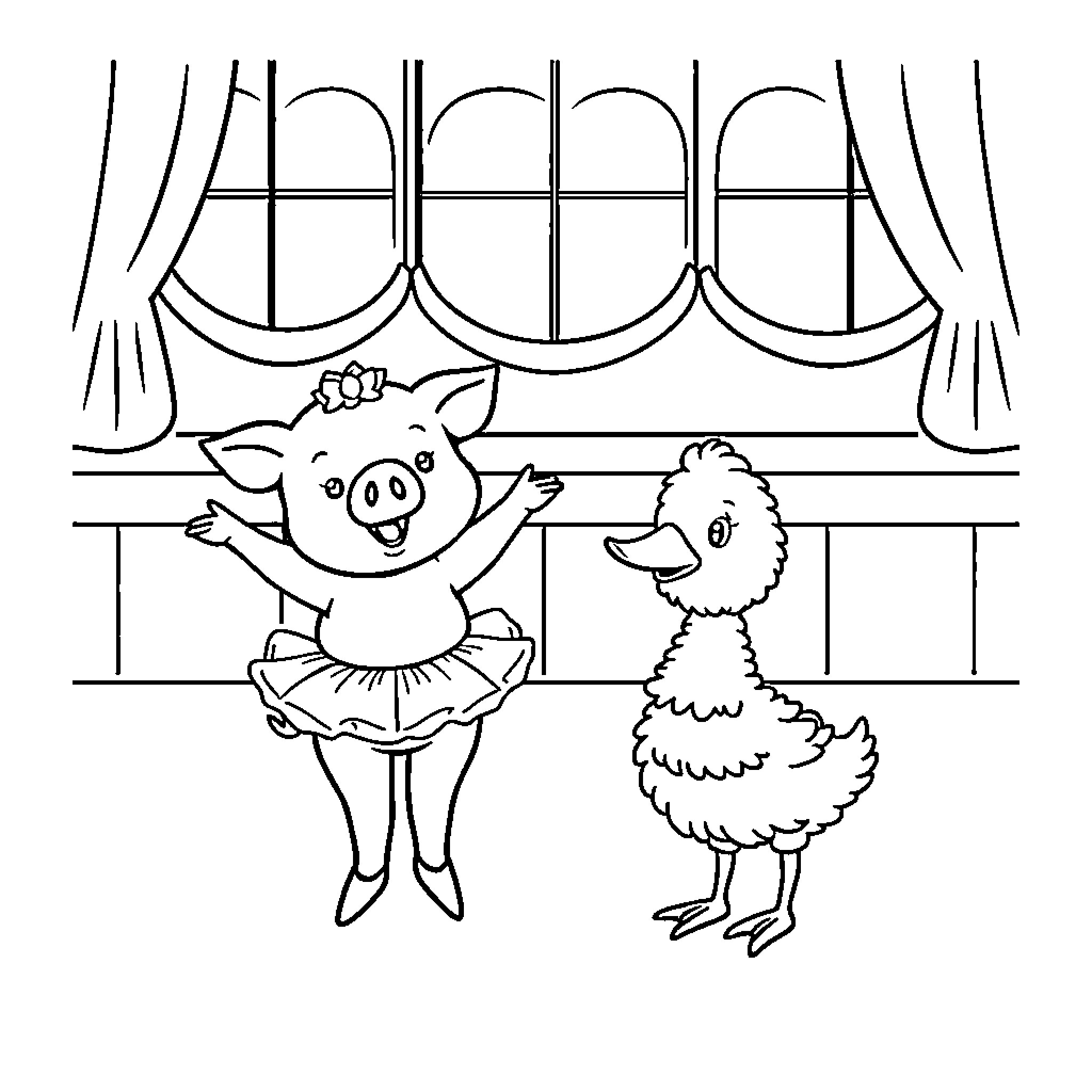 Pig and Duck Performing on Stage Coloring Page (free black-and-white line drawing printable PDF for all, from beginners to advanced learners, including children, teens, adults, and seniors)