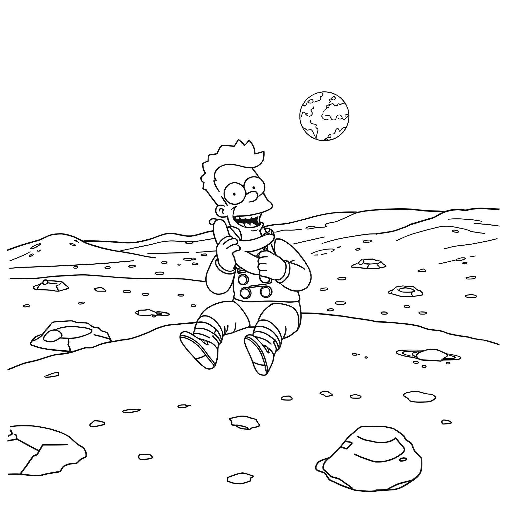 Michael Scott exploring the barren alien landscape Coloring Page (free black-and-white line drawing printable PDF for all, from beginners to advanced learners, including children, teens, adults, and seniors)