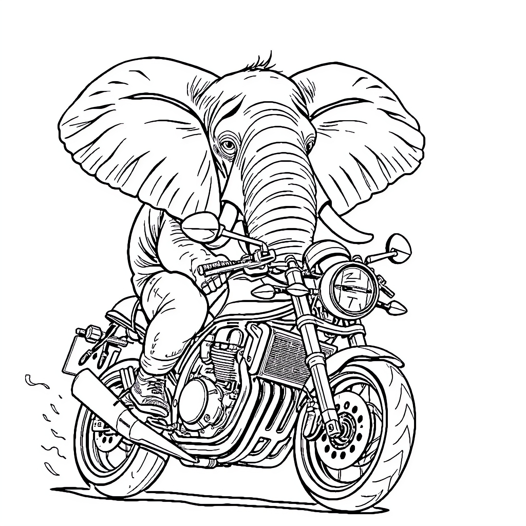 Elephant riding a powerful motorcycle Coloring Page (free black-and-white line drawing printable PDF for all, from beginners to advanced learners, including children, teens, adults, and seniors)