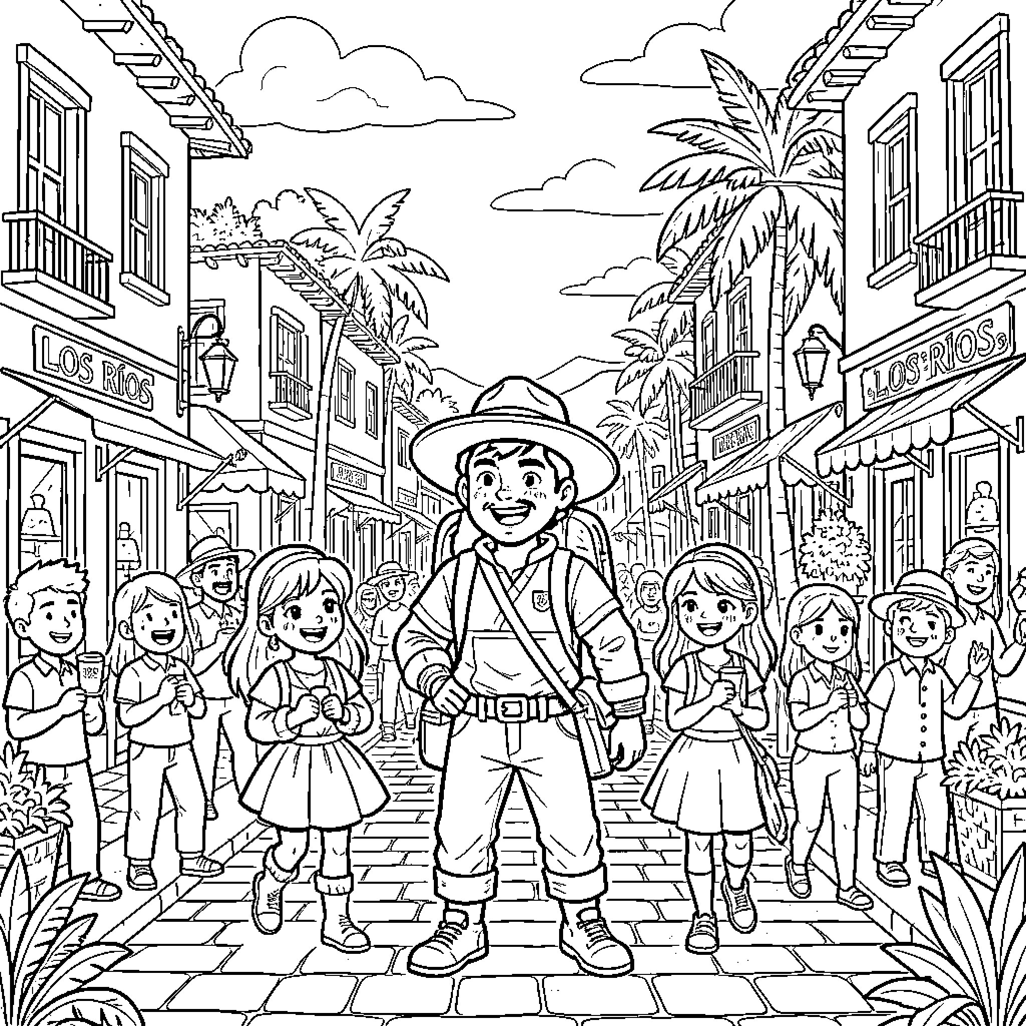 Topa's Adventure in a Vibrant Town Coloring Page (free black-and-white line drawing printable PDF for all, from beginners to advanced learners, including children, teens, adults, and seniors)