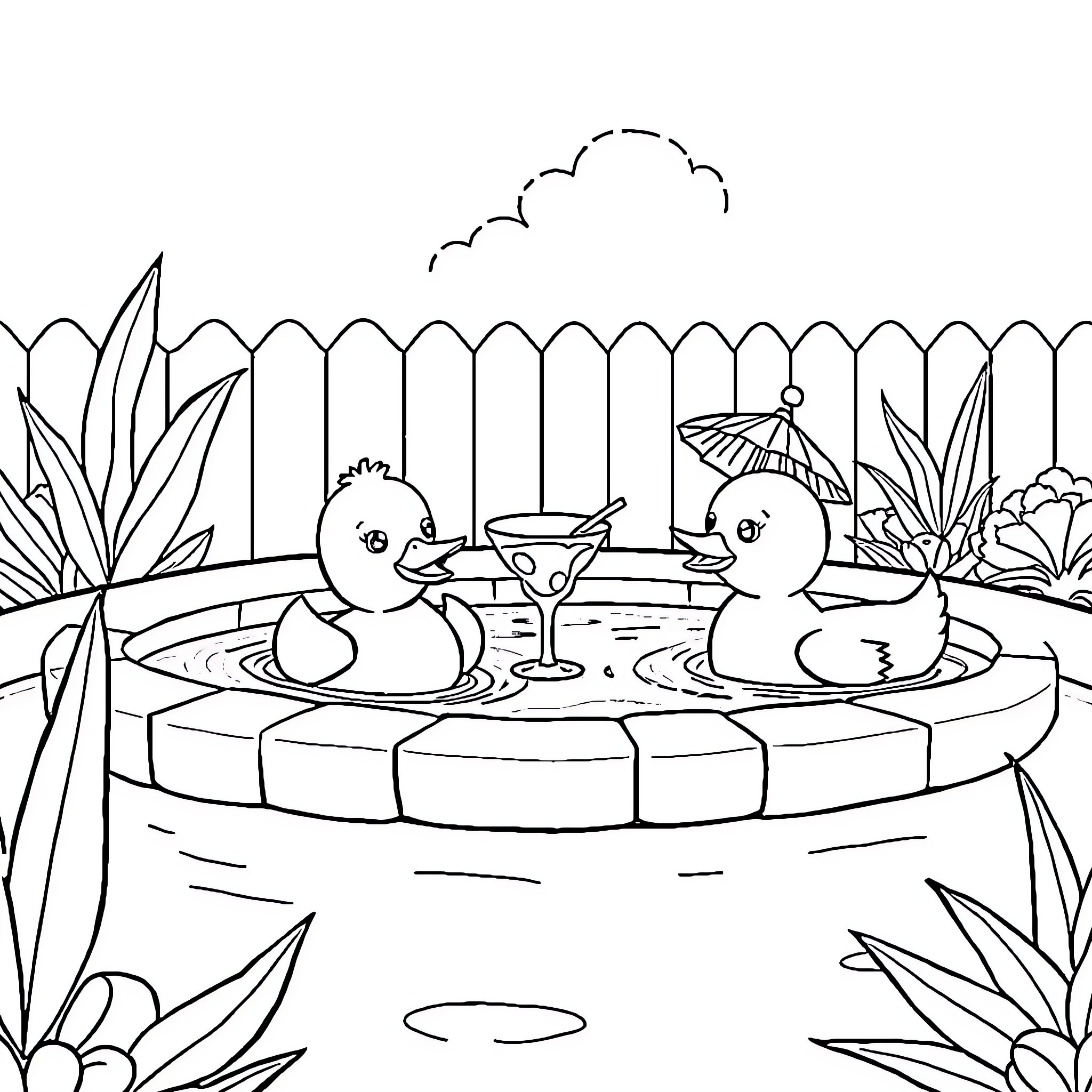 Ducks relaxing in a garden pool Coloring Page (free black-and-white line drawing printable PDF for all, from beginners to advanced learners, including children, teens, adults, and seniors)