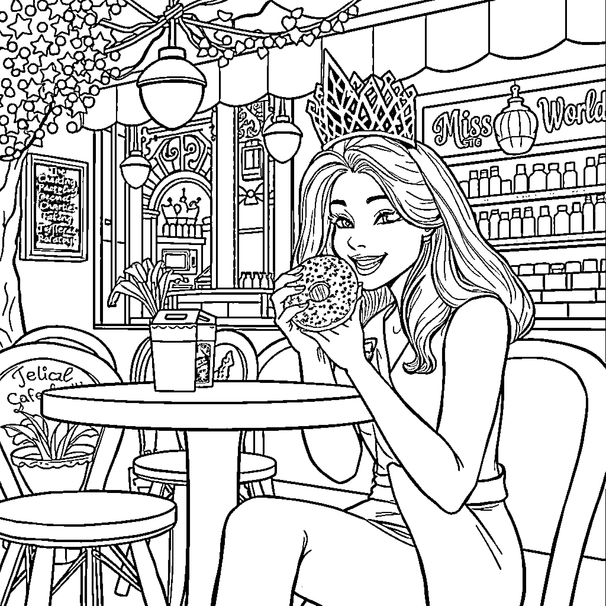 Miss World Enjoying a Delightful Cafe Scene Coloring Page (free black-and-white line drawing printable PDF for all, from beginners to advanced learners, including children, teens, adults, and seniors)