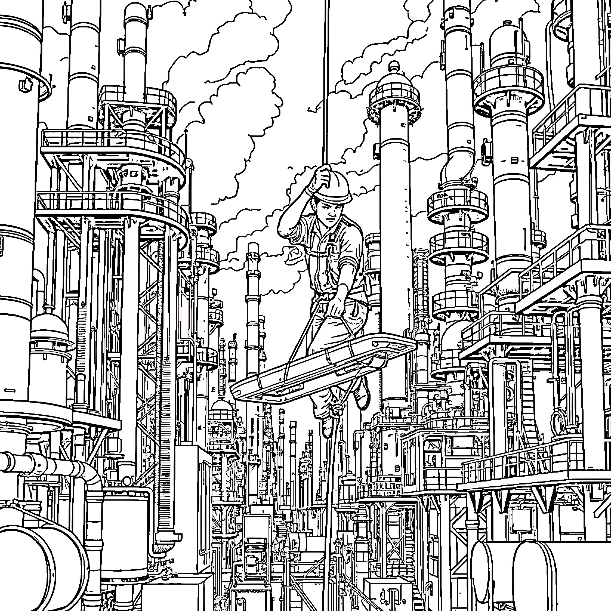 Rope Rescuer in Futuristic Industrial City Coloring Page (free black-and-white line drawing printable PDF for all, from beginners to advanced learners, including children, teens, adults, and seniors)