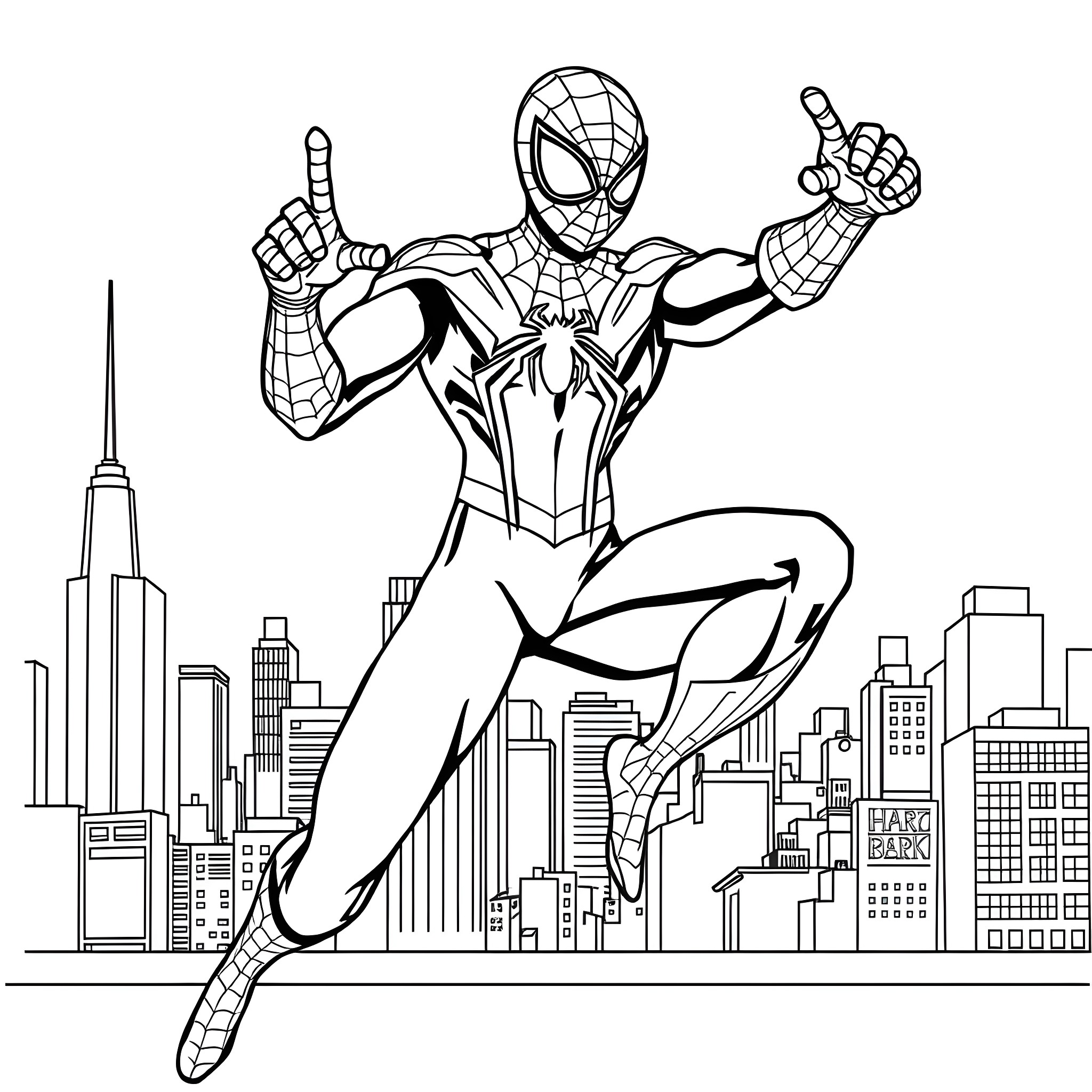 Spider-Boy swinging through the city skyline Coloring Page (free black-and-white line drawing printable PDF for all, from beginners to advanced learners, including children, teens, adults, and seniors)