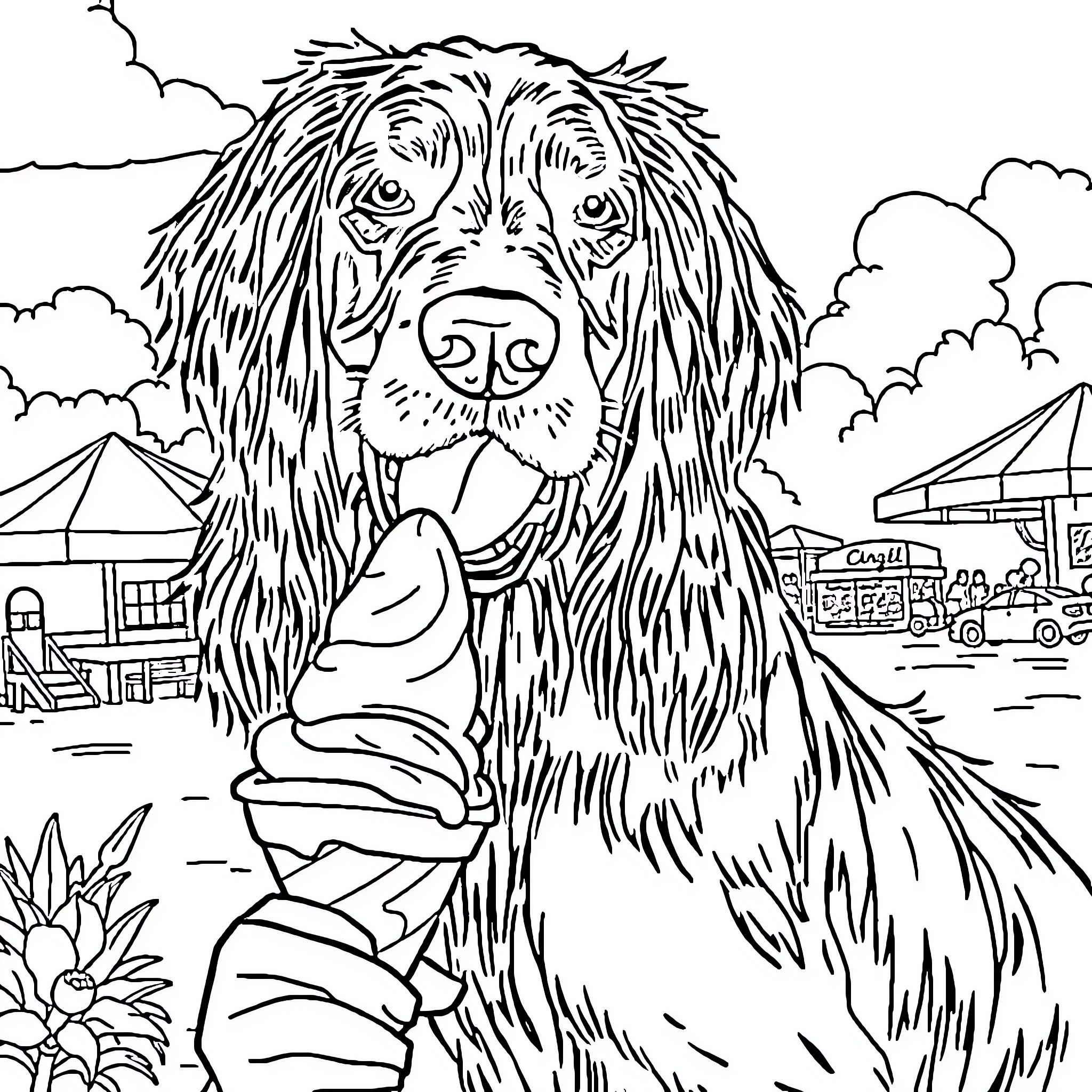 Gordon Setter relaxing in a lively outdoor scene Coloring Page (free black-and-white line drawing printable PDF for all, from beginners to advanced learners, including children, teens, adults, and seniors)