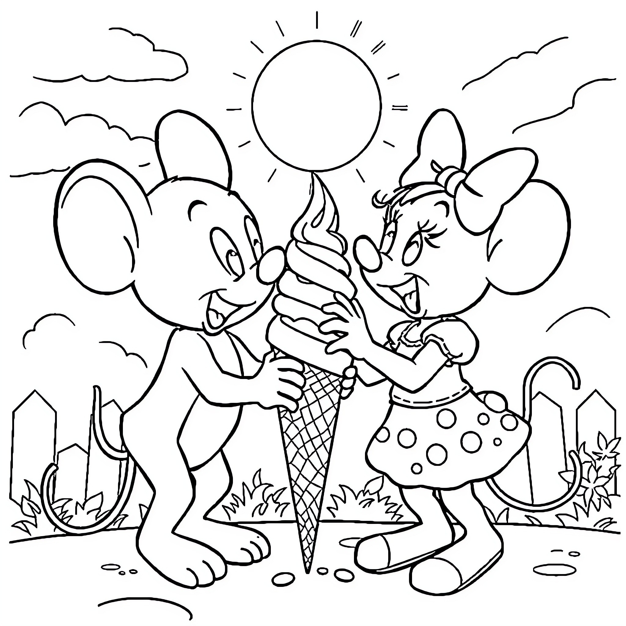 Mouse couple enjoying ice cream on a sunny day Coloring Page (free black-and-white line drawing printable PDF for all, from beginners to advanced learners, including children, teens, adults, and seniors)
