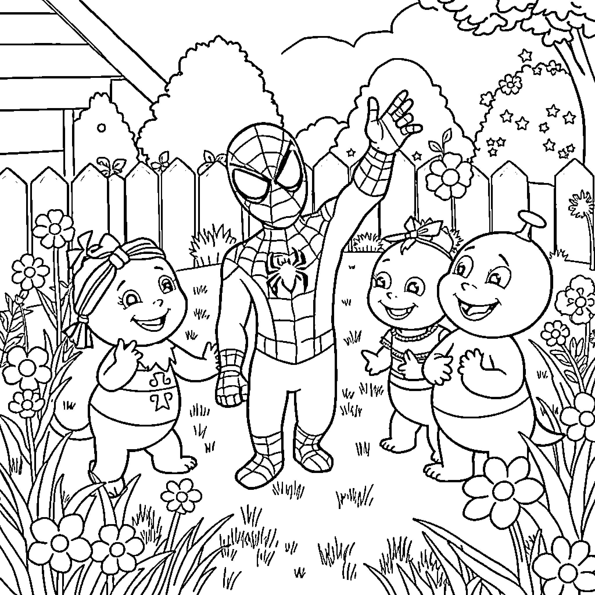 Backyardigan characters playing together in the garden Coloring Page (free black-and-white line drawing printable PDF for all, from beginners to advanced learners, including children, teens, adults, and seniors)