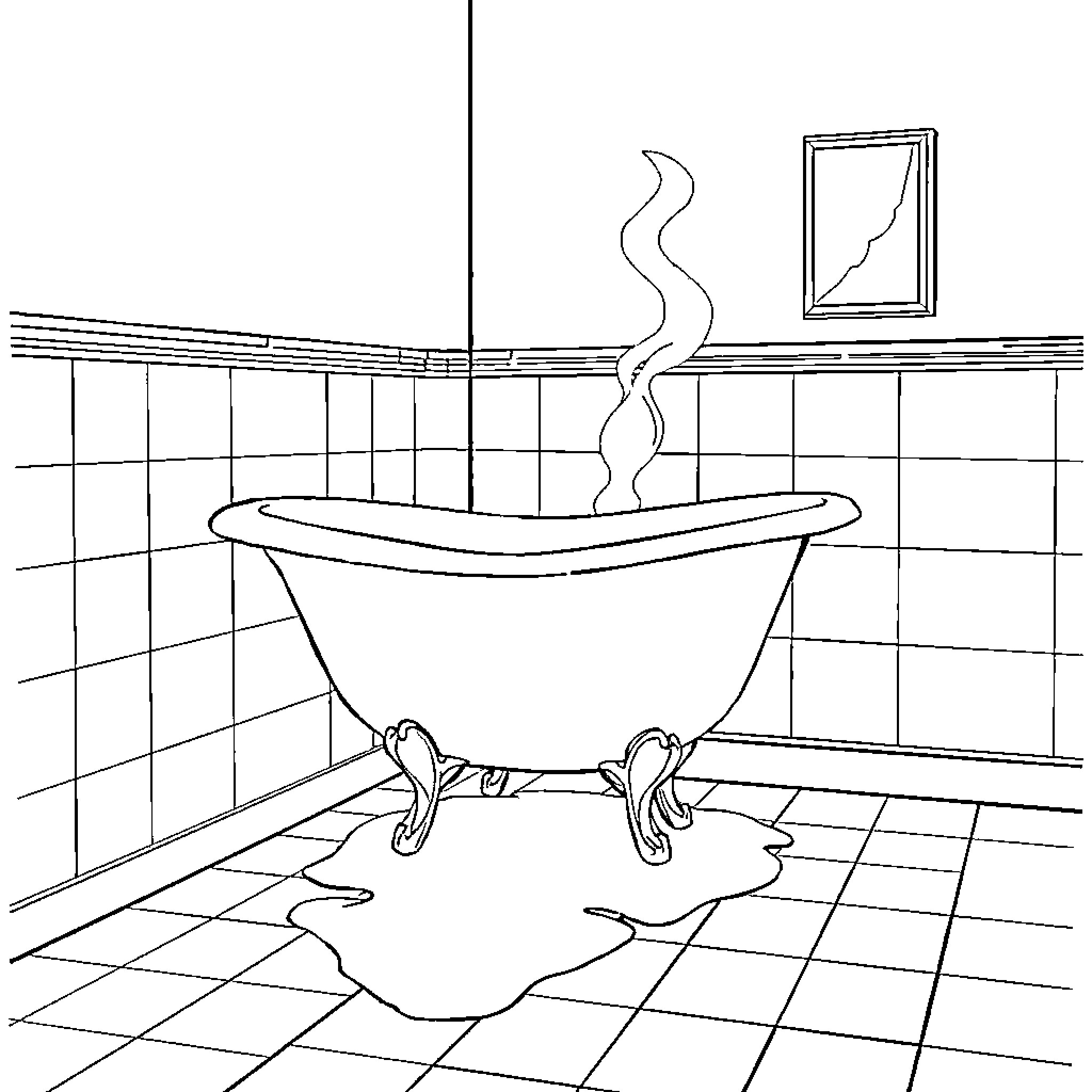 Bain: Relaxing Bath with Elegant Tub Coloring Page (free black-and-white line drawing printable PDF for all, from beginners to advanced learners, including children, teens, adults, and seniors)