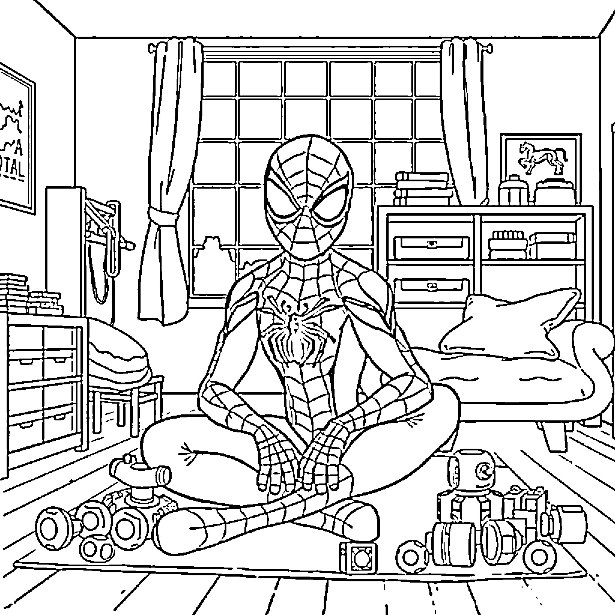 Spidey Relaxes in Cozy Room Coloring Page (free black-and-white line drawing printable PDF for all, from beginners to advanced learners, including children, teens, adults, and seniors)