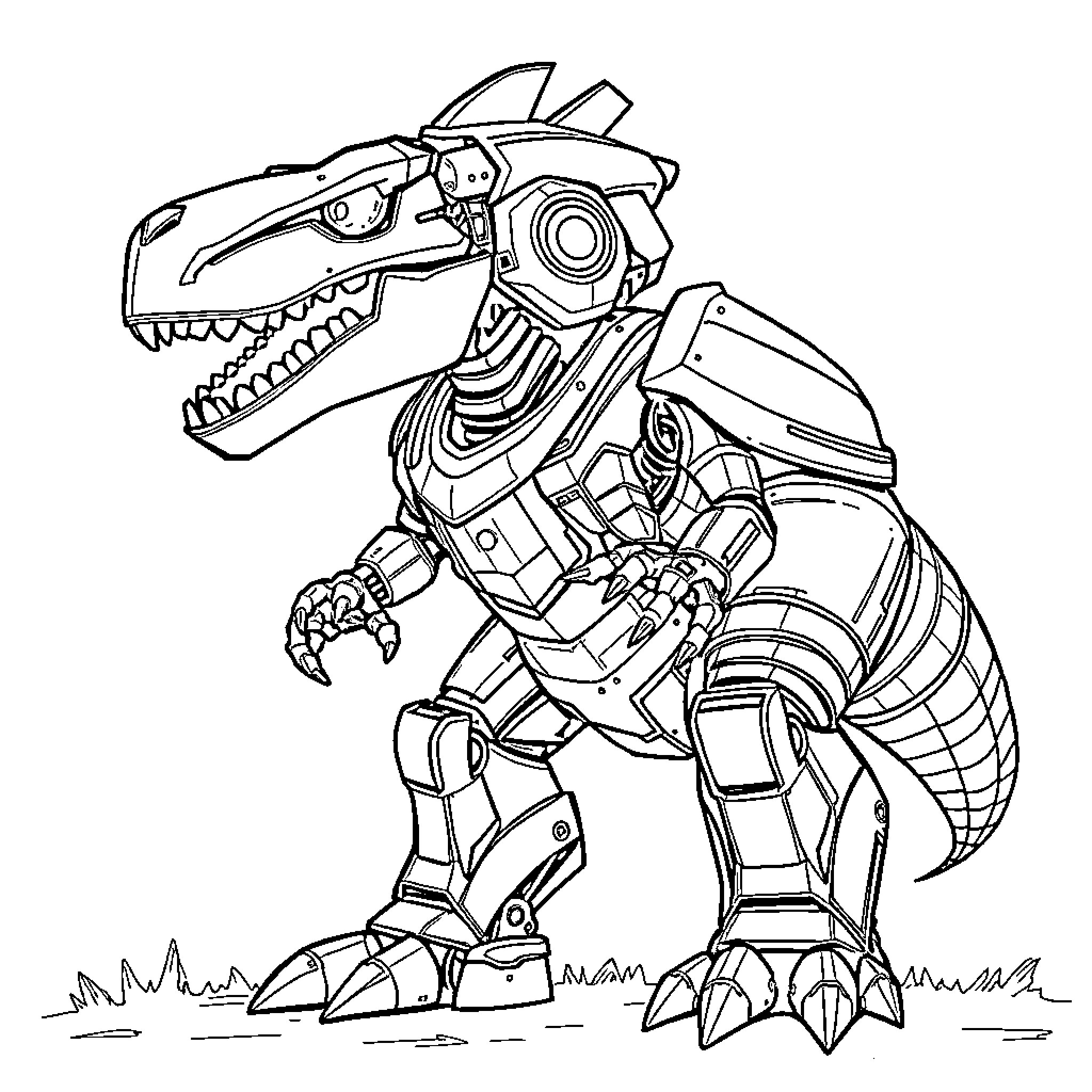 Y-Rex: Robotic Dinosaur Warrior in Action Coloring Page (free black-and-white line drawing printable PDF for all, from beginners to advanced learners, including children, teens, adults, and seniors)