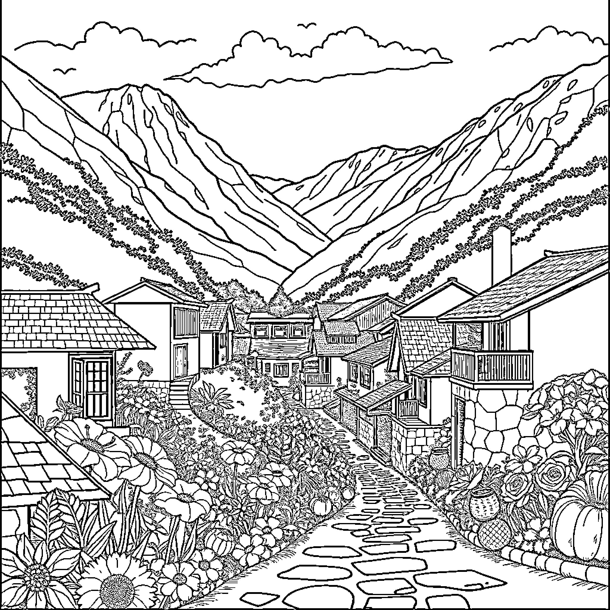 Nailong's Vibrant Mountain Retreat Coloring Page (free black-and-white line drawing printable PDF for all, from beginners to advanced learners, including children, teens, adults, and seniors)