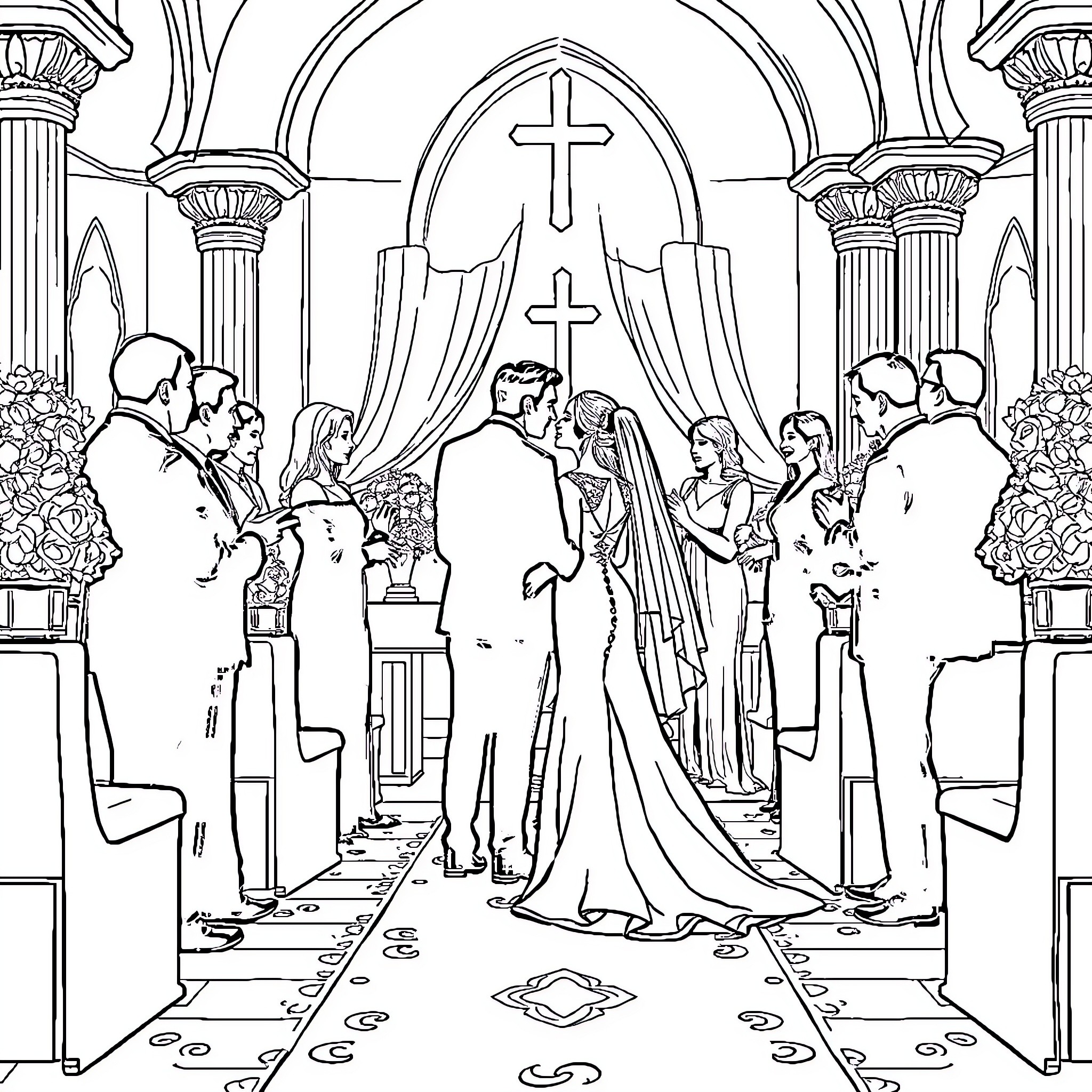 Novios getting married in a church ceremony Coloring Page (free black-and-white line drawing printable PDF for all, from beginners to advanced learners, including children, teens, adults, and seniors)