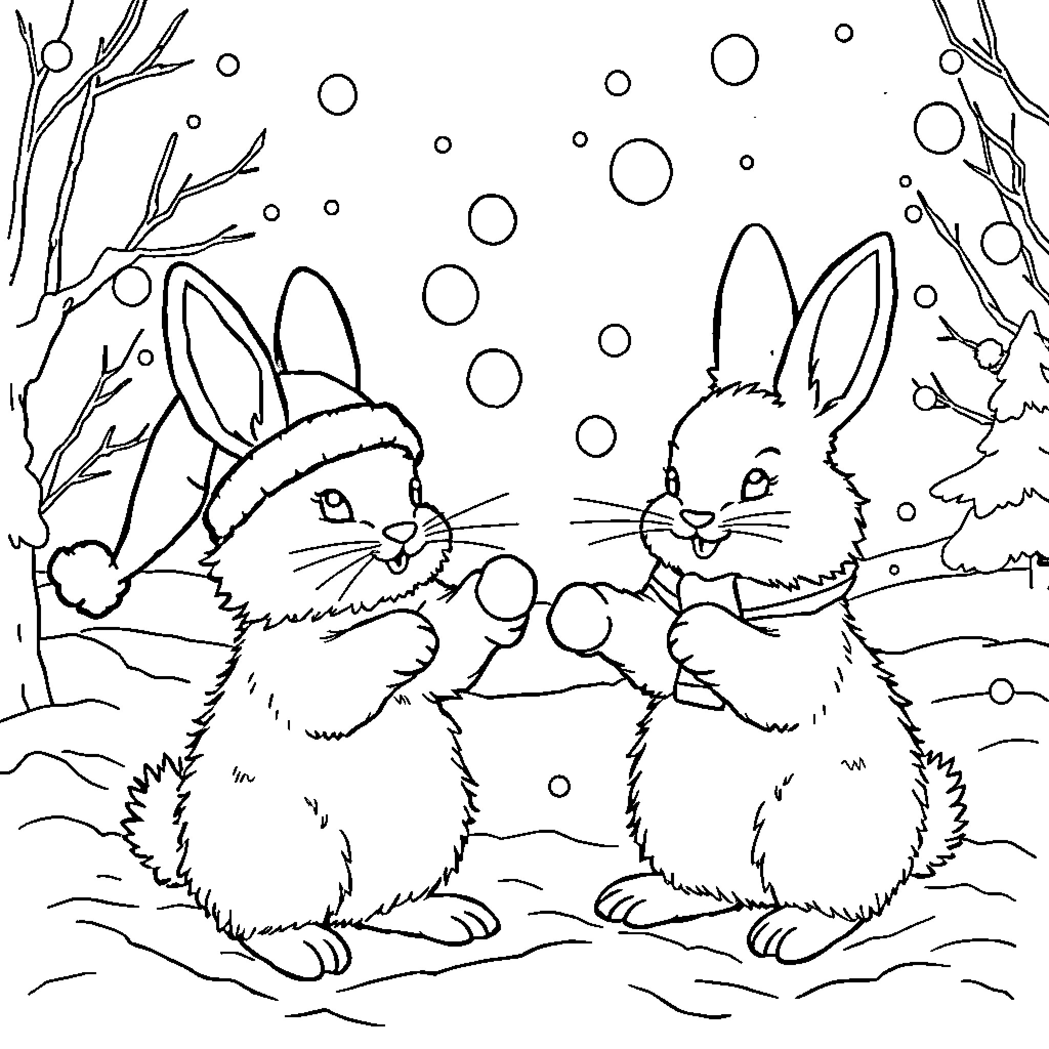 Bunnies playing in the snowy winter wonderland Coloring Page (free black-and-white line drawing printable PDF for all, from beginners to advanced learners, including children, teens, adults, and seniors)