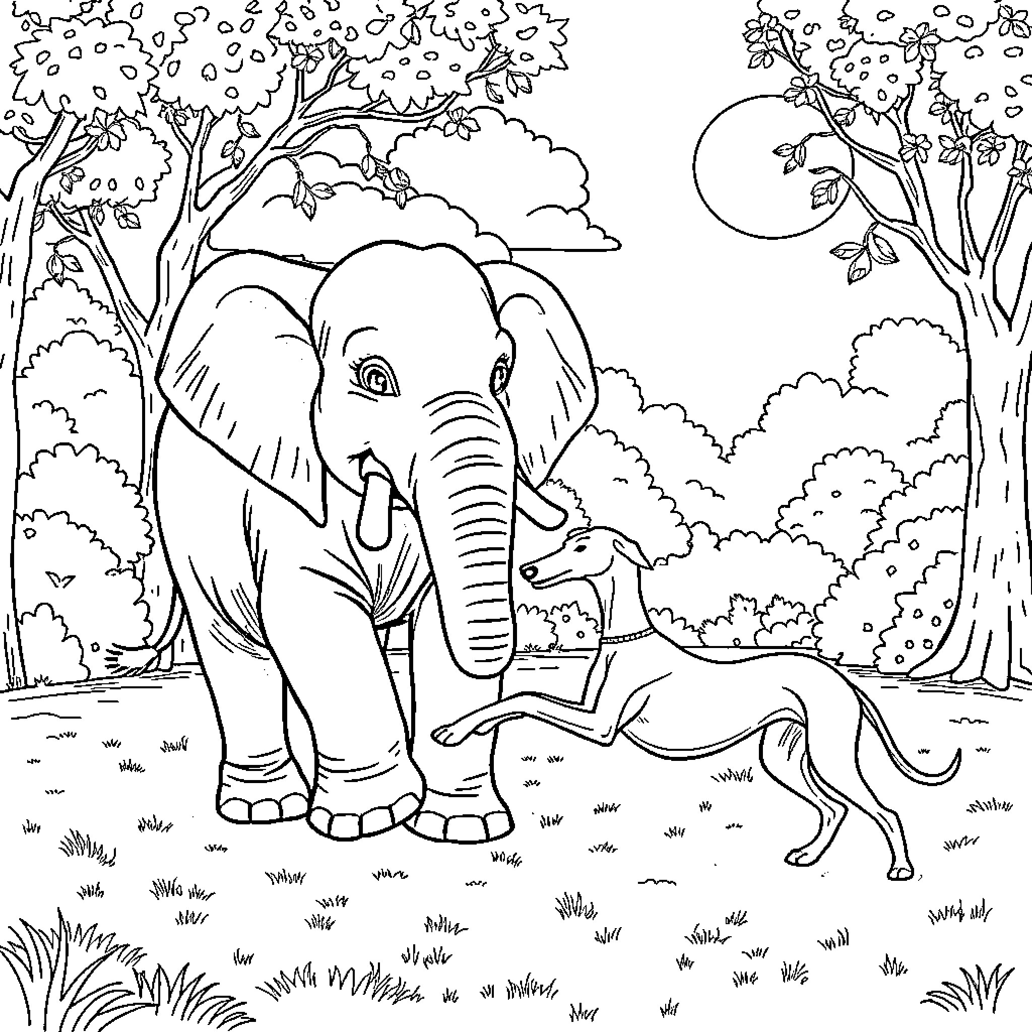 Elephant and Dog in Serene Forest Landscape Coloring Page (free black-and-white line drawing printable PDF for all, from beginners to advanced learners, including children, teens, adults, and seniors)