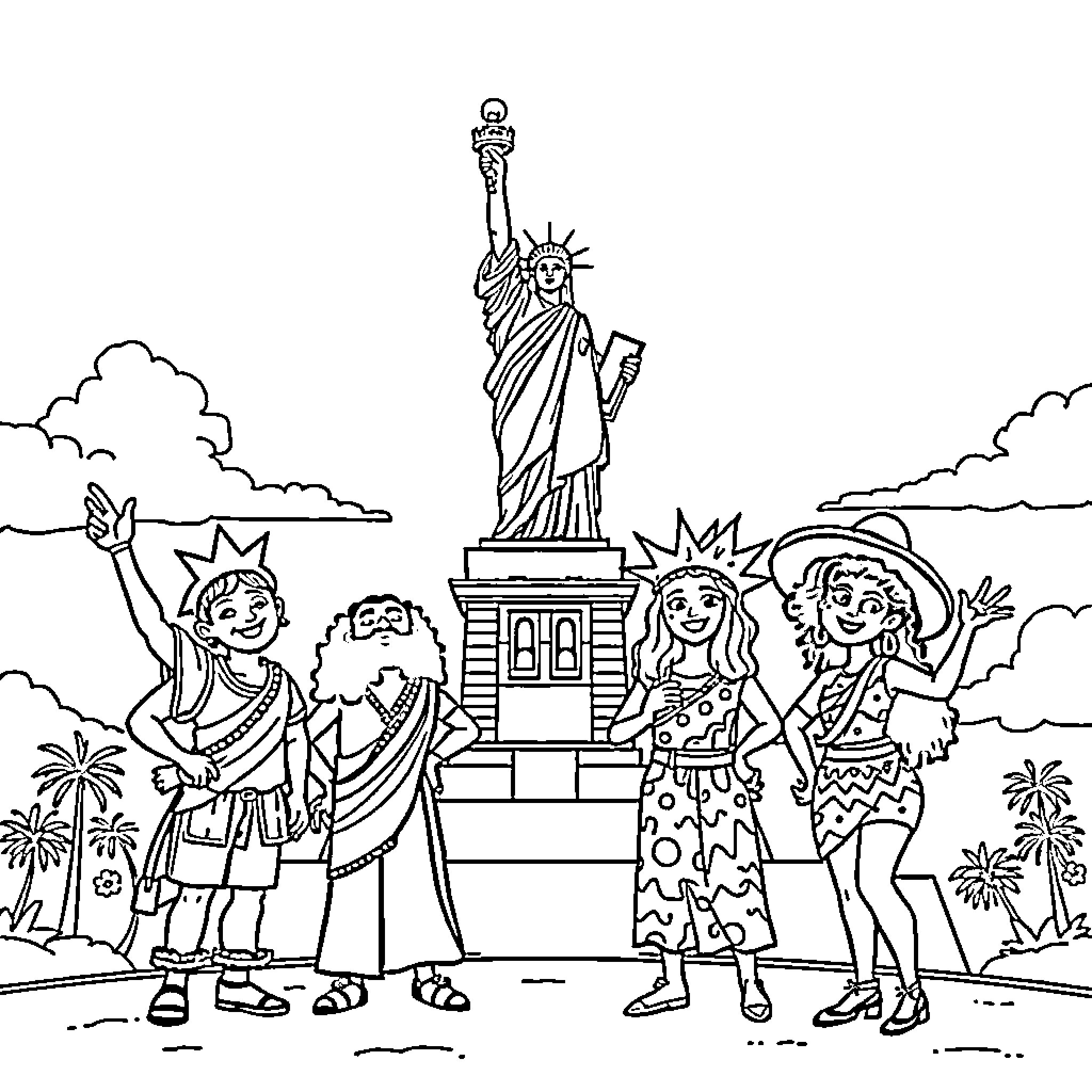 San Rio characters visiting the Statue of Liberty Coloring Page (free black-and-white line drawing printable PDF for all, from beginners to advanced learners, including children, teens, adults, and seniors)