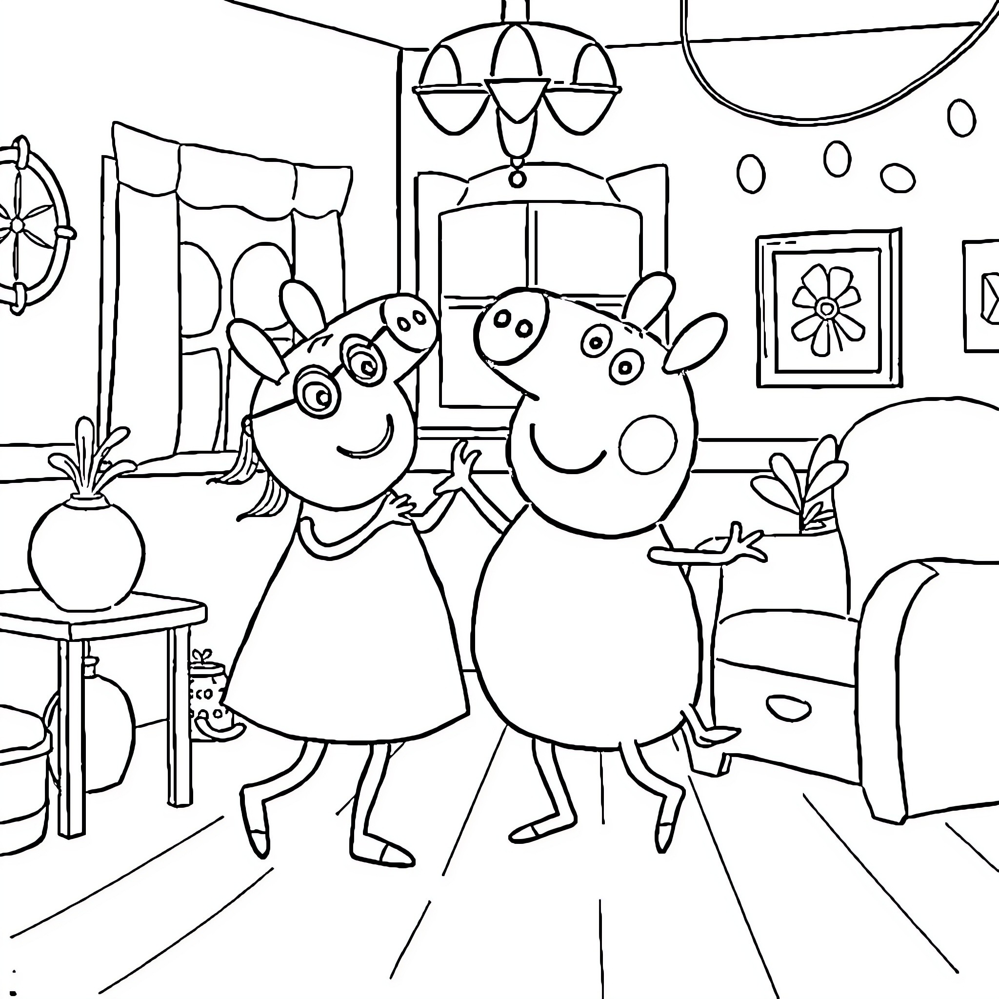 Peppa Pig and Friends Enjoying a Cozy Home Coloring Page (free black-and-white line drawing printable PDF for all, from beginners to advanced learners, including children, teens, adults, and seniors)