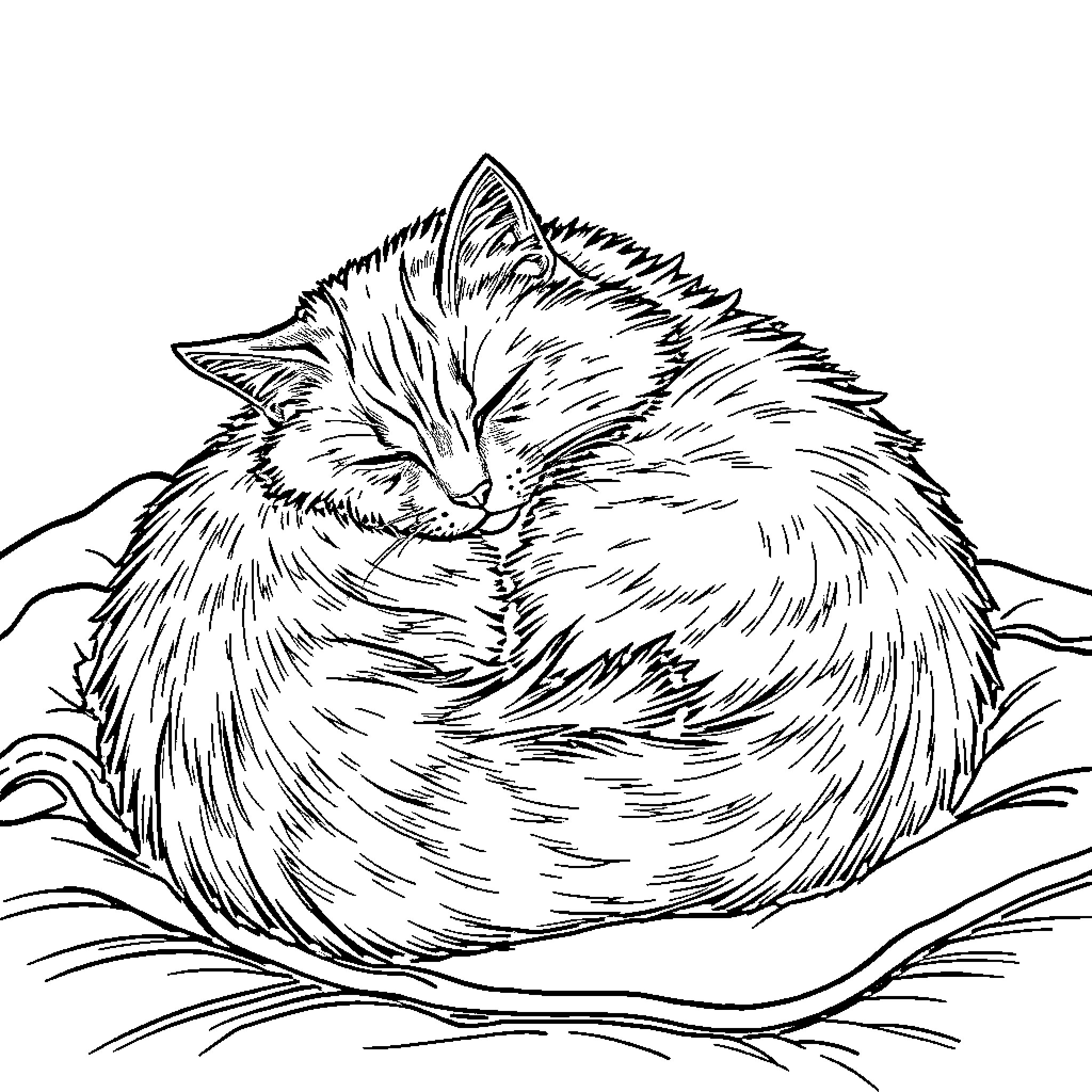 Cat napping peacefully in the grass Coloring Page (free black-and-white line drawing printable PDF for all, from beginners to advanced learners, including children, teens, adults, and seniors)