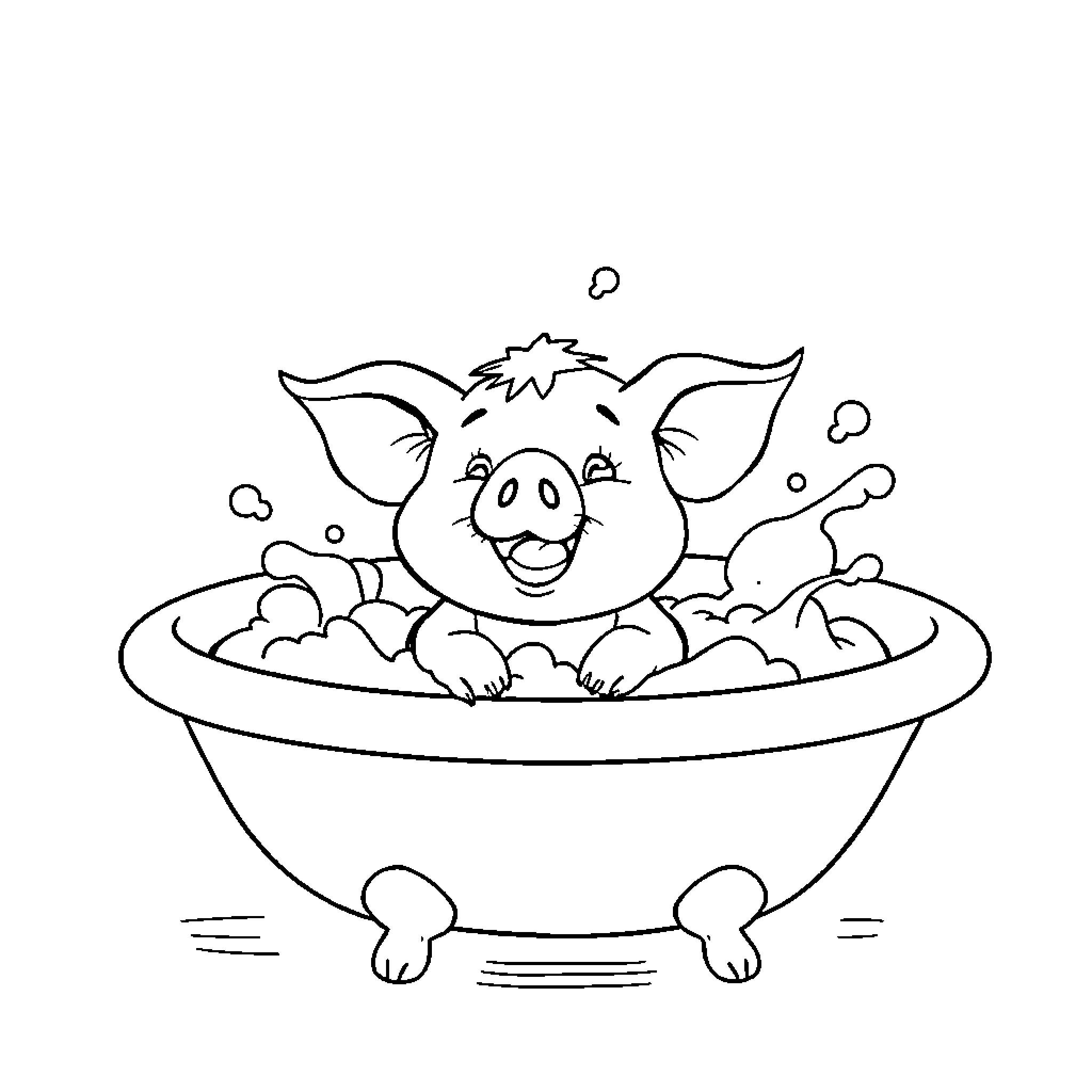 Pig enjoying a bubbly bath Coloring Page (free black-and-white line drawing printable PDF for all, from beginners to advanced learners, including children, teens, adults, and seniors)