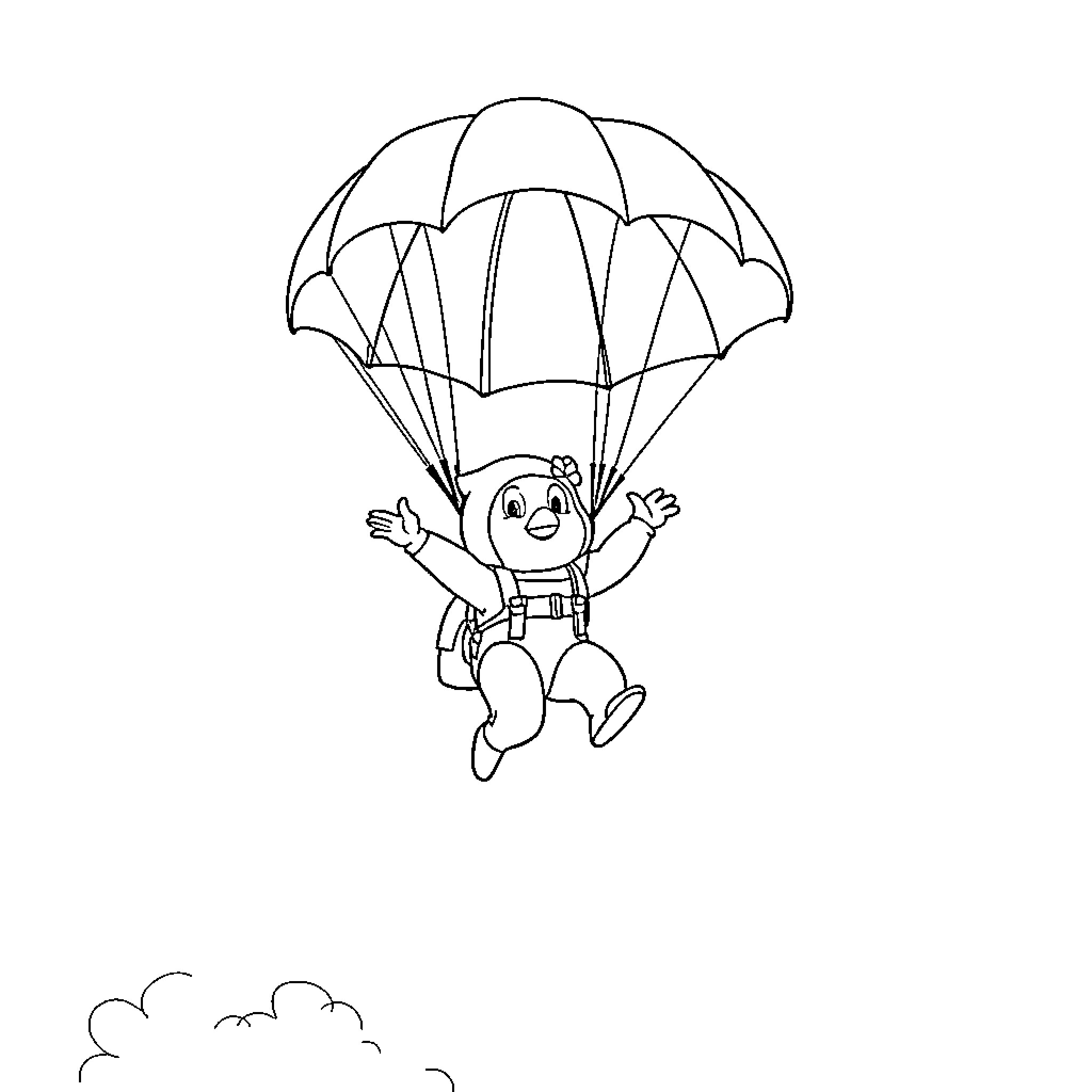 Parachutist descending joyfully in the sky Coloring Page (free black-and-white line drawing printable PDF for all, from beginners to advanced learners, including children, teens, adults, and seniors)