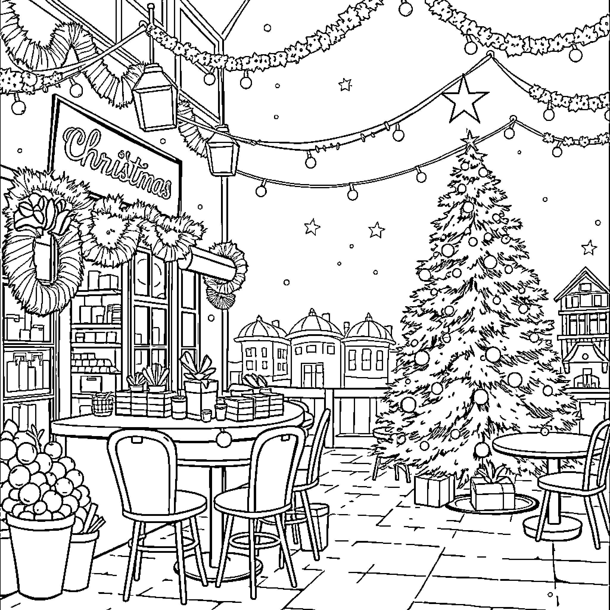 Coffee Shop in Christmas Wonderland Coloring Page (free black-and-white line drawing printable PDF for all, from beginners to advanced learners, including children, teens, adults, and seniors)