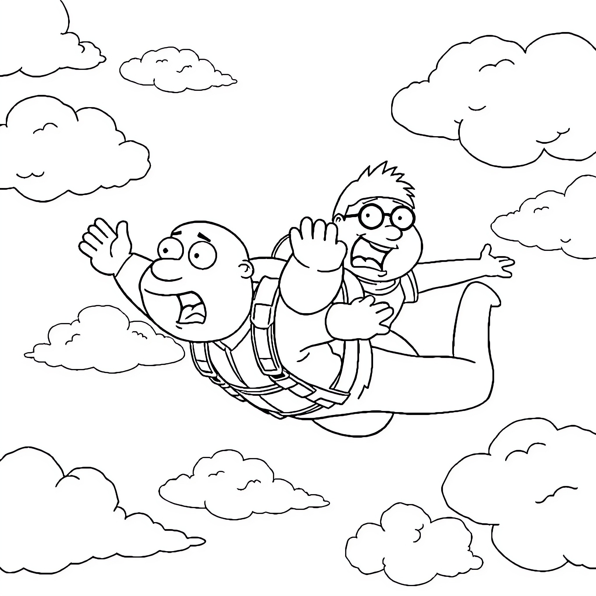 Family Guy Skydiving Adventure Coloring Page (free black-and-white line drawing printable PDF for all, from beginners to advanced learners, including children, teens, adults, and seniors)