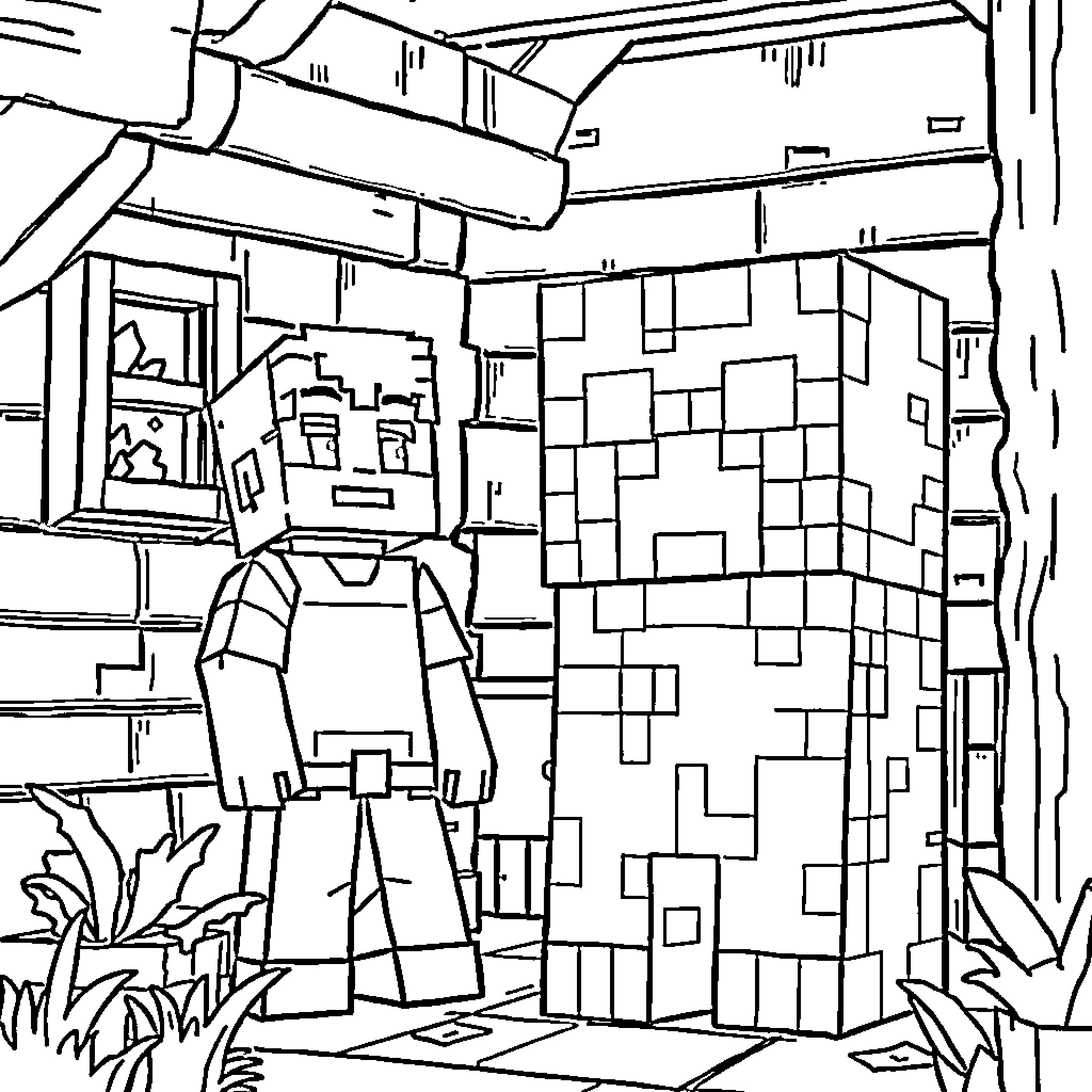 Creeper exploring mysterious underground structure Coloring Page (free black-and-white line drawing printable PDF for all, from beginners to advanced learners, including children, teens, adults, and seniors)