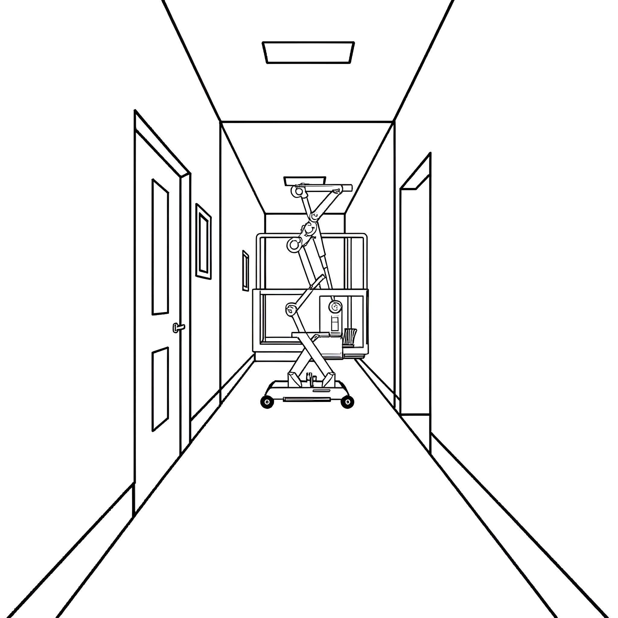 Scissor Lift in an empty hallway Coloring Page (free black-and-white line drawing printable PDF for all, from beginners to advanced learners, including children, teens, adults, and seniors)