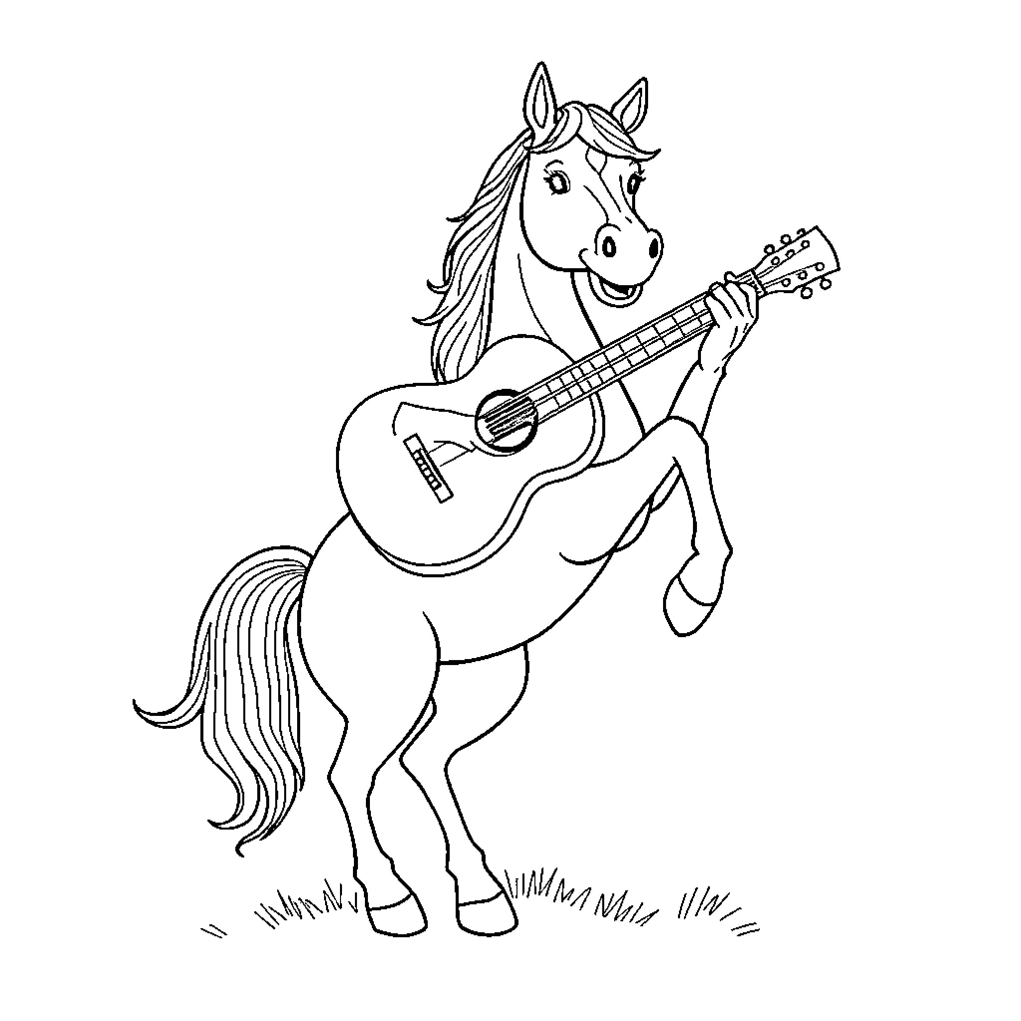 Horse playing guitar joyfully on the field Coloring Page (free black-and-white line drawing printable PDF for all, from beginners to advanced learners, including children, teens, adults, and seniors)