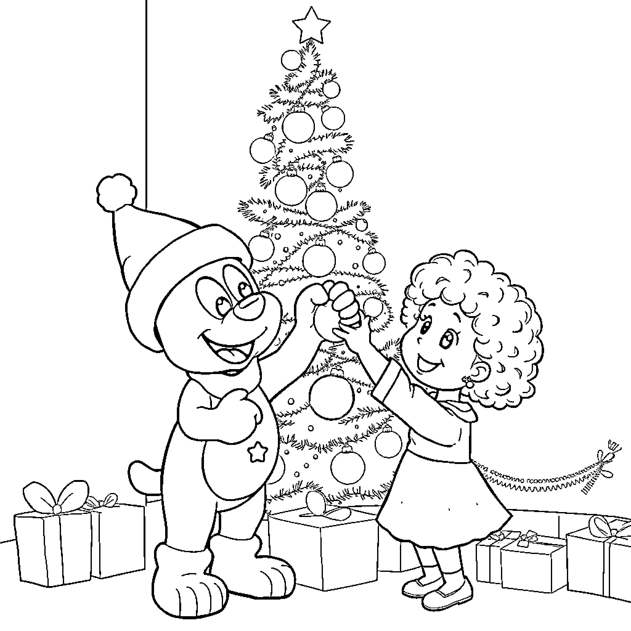 Bluey Celebrating Christmas with Friends Coloring Page (free black-and-white line drawing printable PDF for all, from beginners to advanced learners, including children, teens, adults, and seniors)