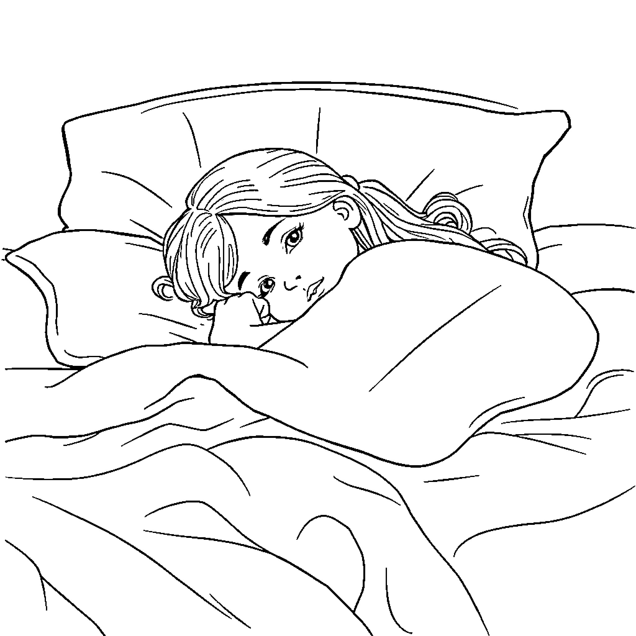 Girl resting peacefully in bed Coloring Page (free black-and-white line drawing printable PDF for all, from beginners to advanced learners, including children, teens, adults, and seniors)