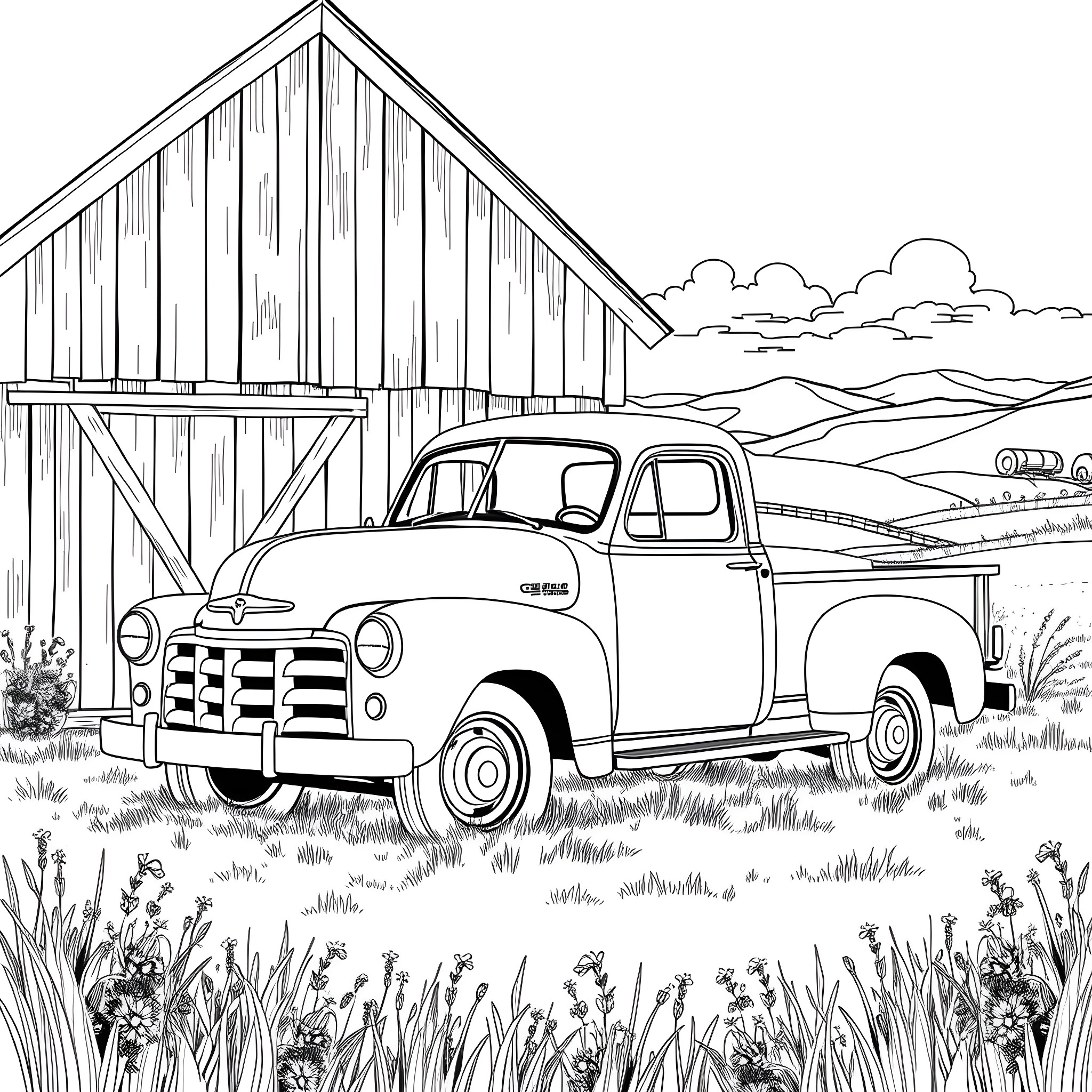 Truck Parked in Front of Old Wooden Barn Coloring Page (free black-and-white line drawing printable PDF for all, from beginners to advanced learners, including children, teens, adults, and seniors)