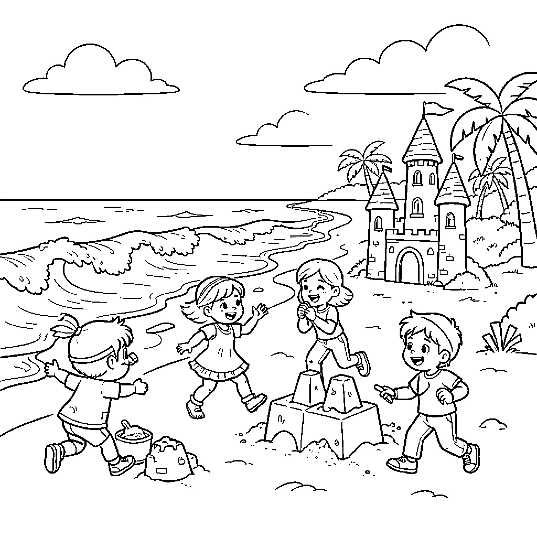 Paw Patrol characters playing happily on the beach Coloring Page (free black-and-white line drawing printable PDF for all, from beginners to advanced learners, including children, teens, adults, and seniors)
