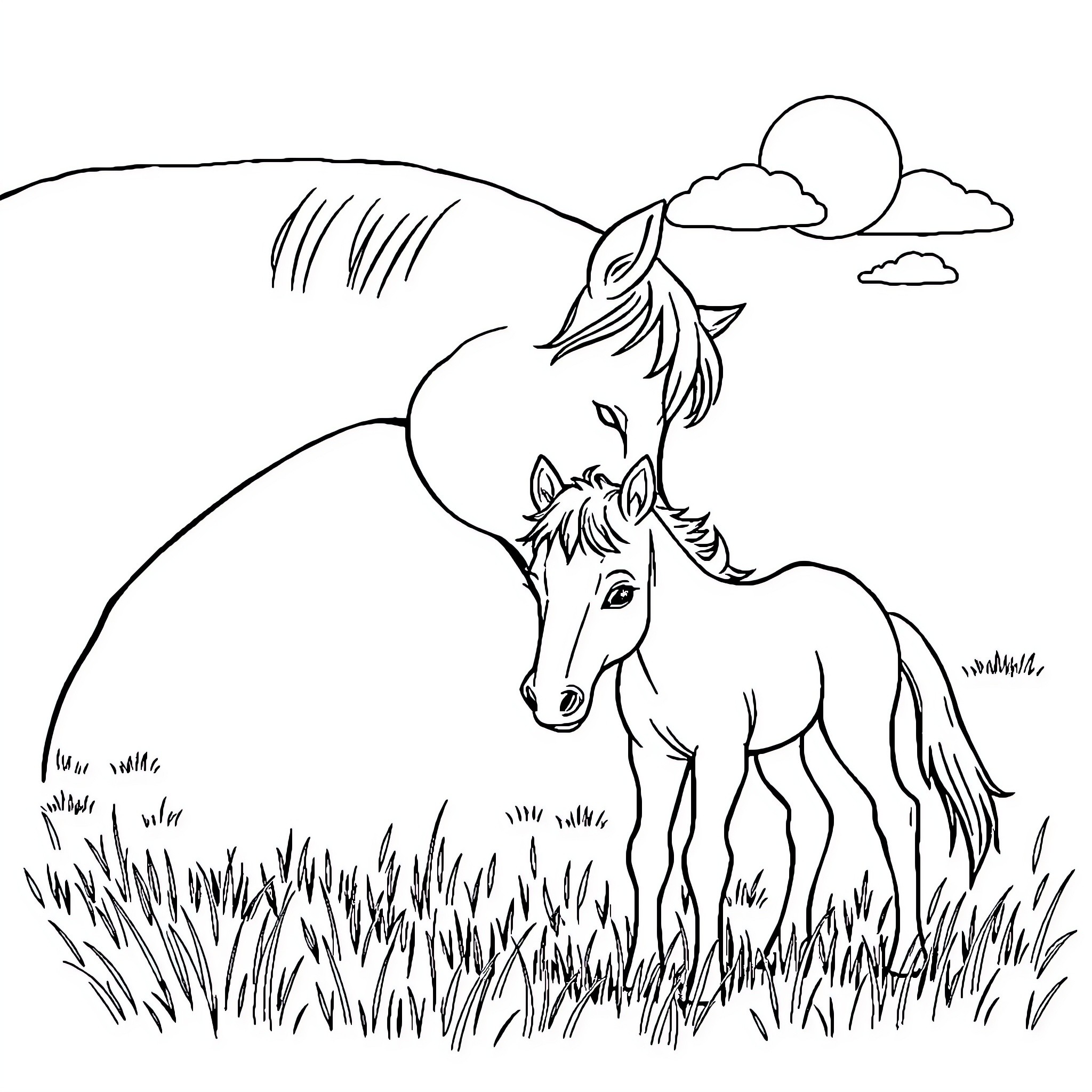 Horse grazing peacefully in the meadow Coloring Page (free black-and-white line drawing printable PDF for all, from beginners to advanced learners, including children, teens, adults, and seniors)