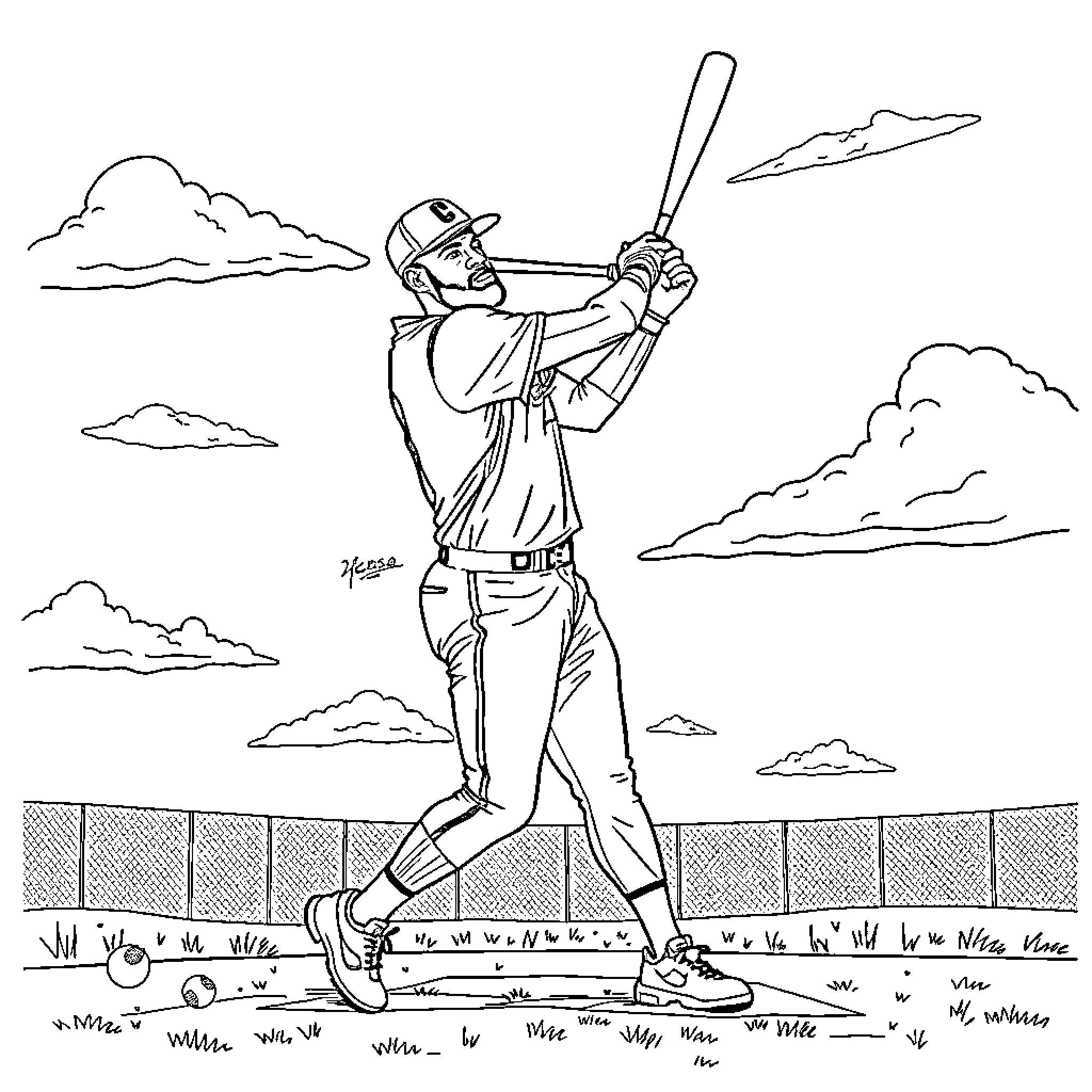 LeBron James batting on the baseball field Coloring Page (free black-and-white line drawing printable PDF for all, from beginners to advanced learners, including children, teens, adults, and seniors)