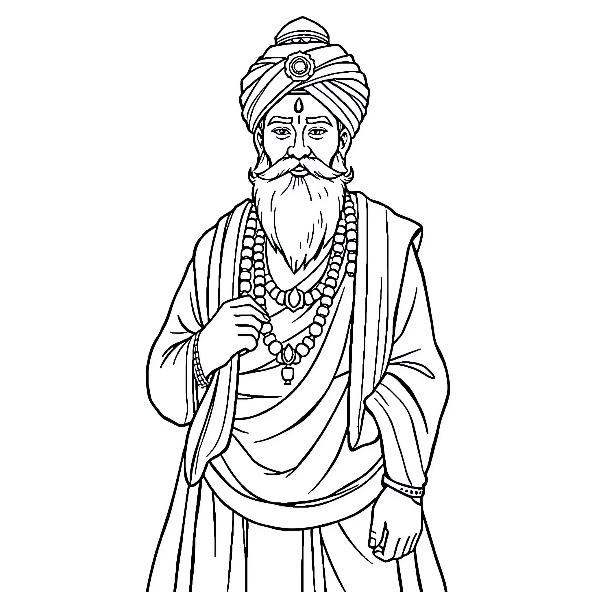 Bhindrawale in ceremonial attire and religious symbol Coloring Page (free black-and-white line drawing printable PDF for all, from beginners to advanced learners, including children, teens, adults, and seniors)