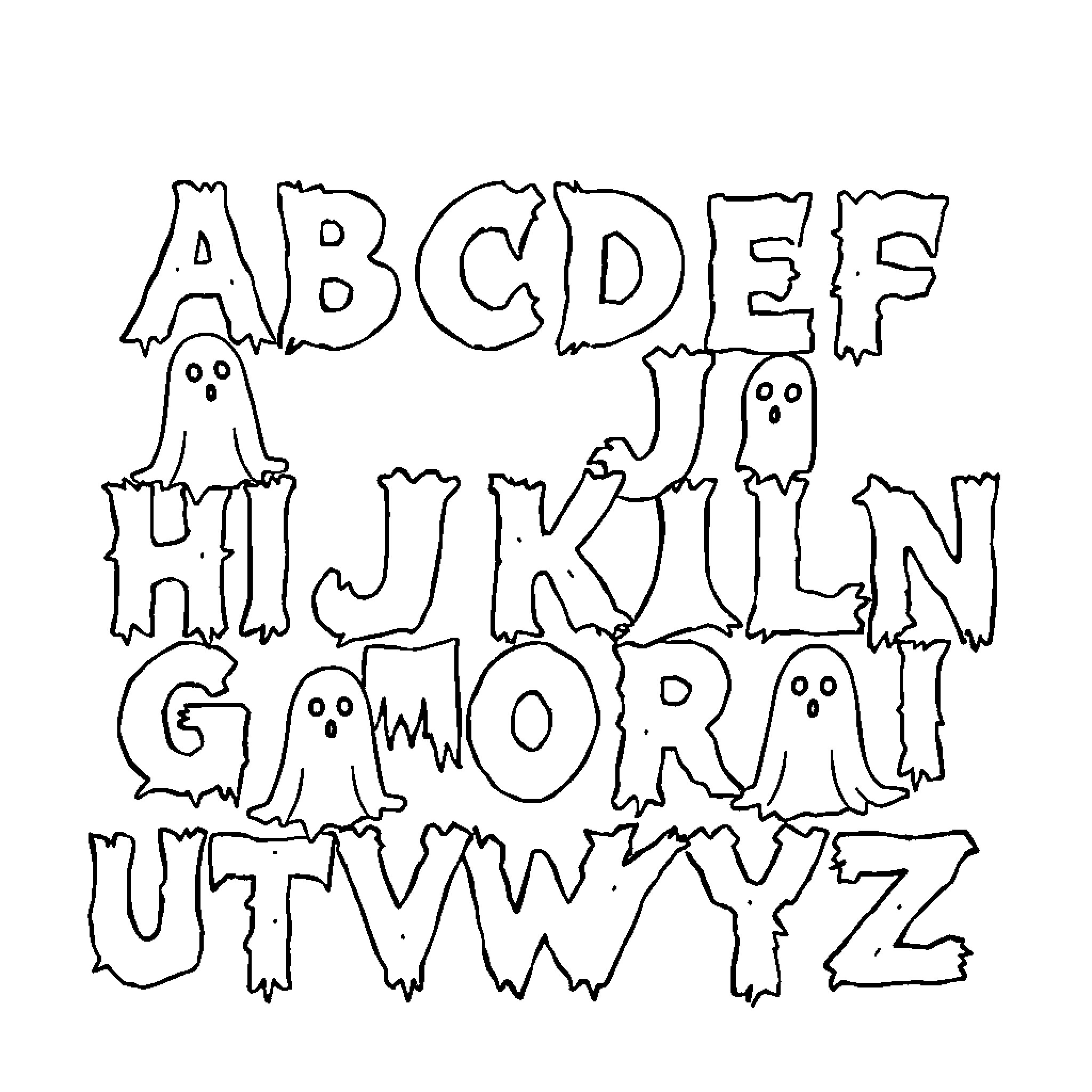 Alphabet of Spooky Ghosts Coloring Page (free black-and-white line drawing printable PDF for all, from beginners to advanced learners, including children, teens, adults, and seniors)